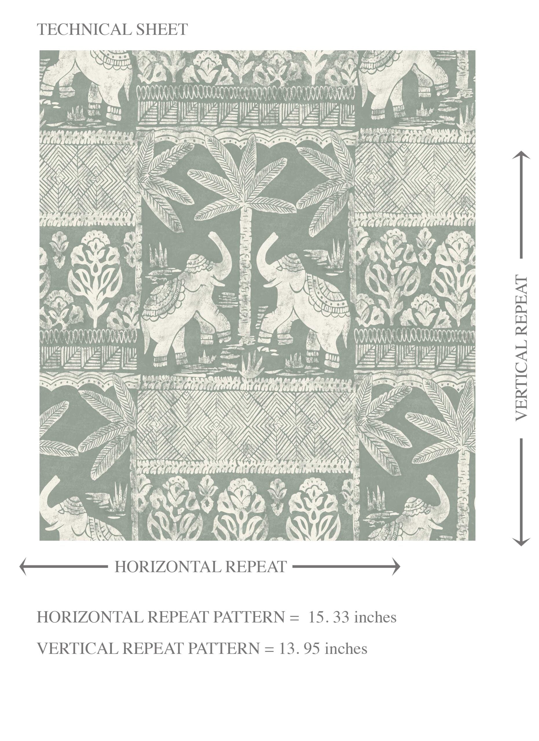 Ethnic/ Heritage Elephants & Animals Print Kids Room Wallpaper (Green-Gray/ White)