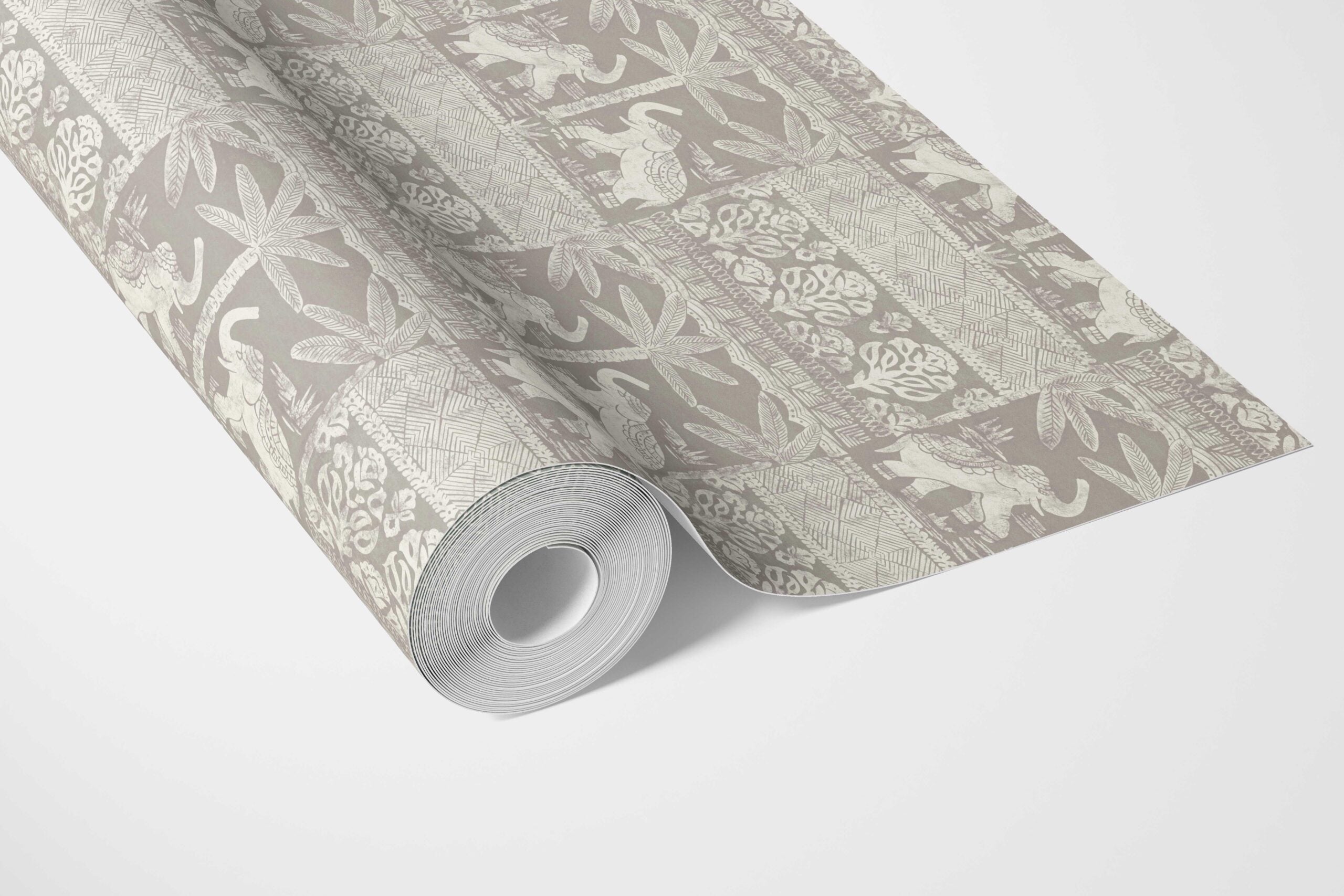 Ethnic/ Heritage Elephants & Animals Print Bathroom Wallpaper (Warm Gray/ Greige/ White)