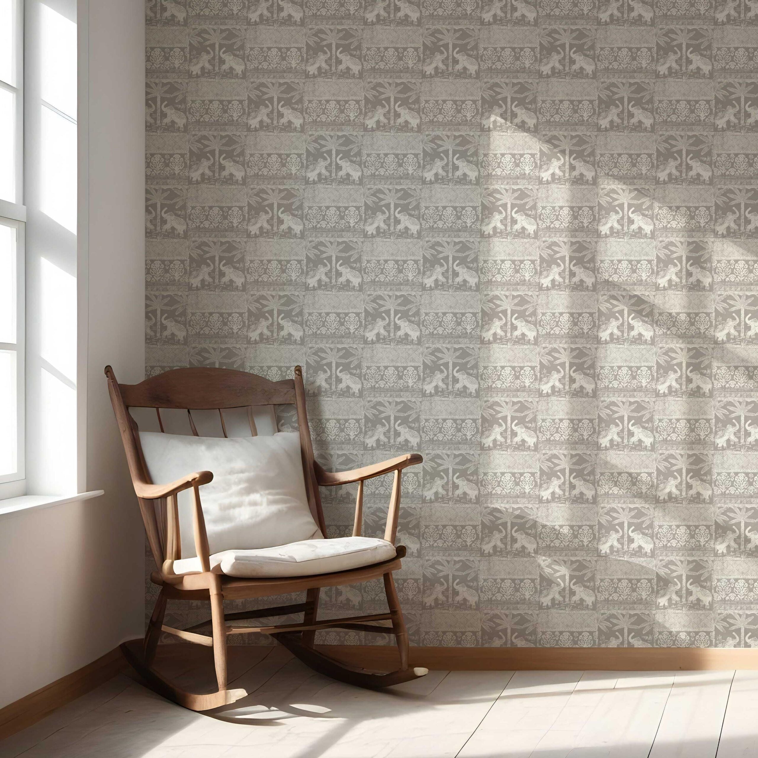 Ethnic/ Heritage Elephants & Animals Print Nursery Wallpaper Sample (Warm Gray/ Greige/ White)