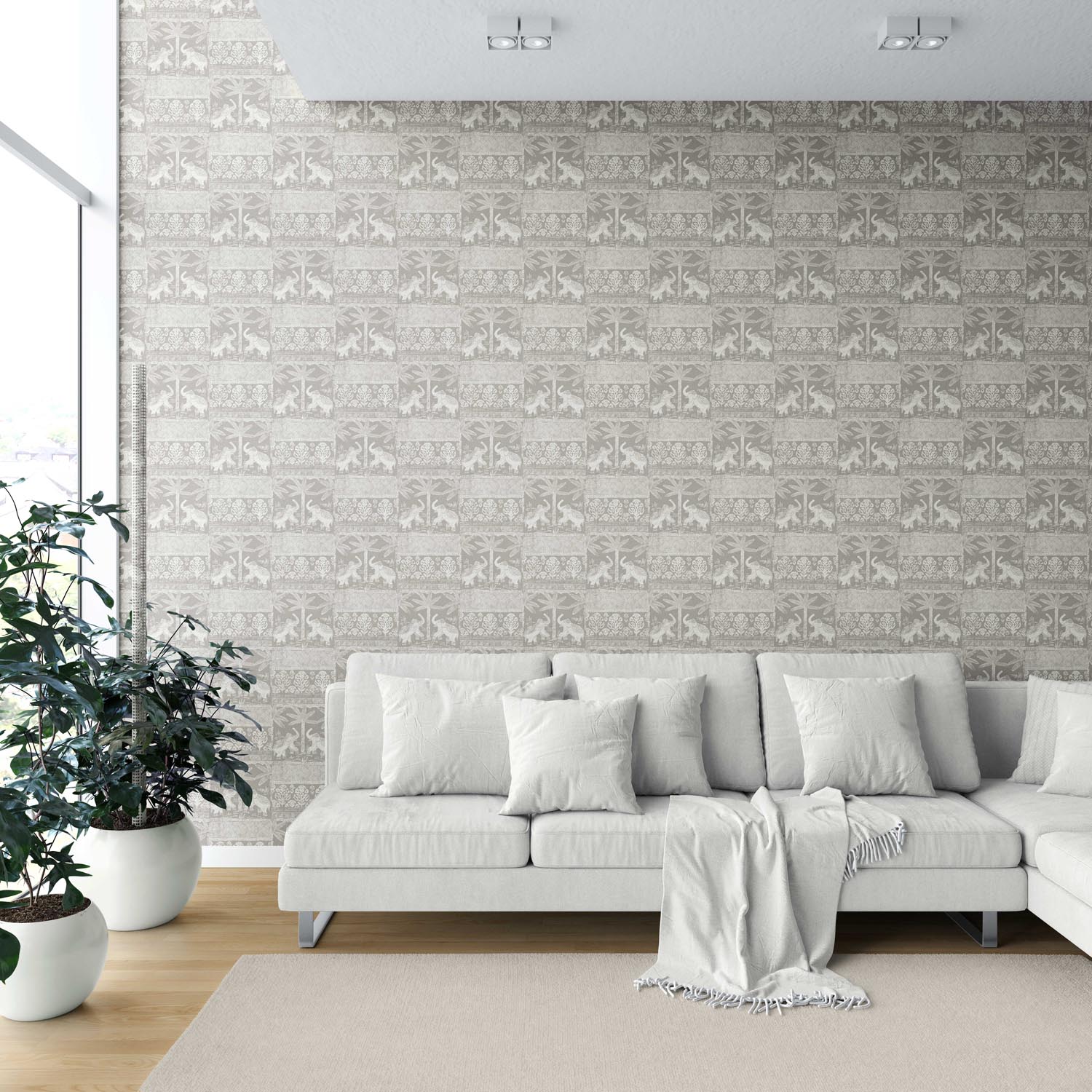 Ethnic/ Heritage Elephants & Animals Print Shower Toilet Wallpaper Sample (Warm Gray/ Greige/ White)