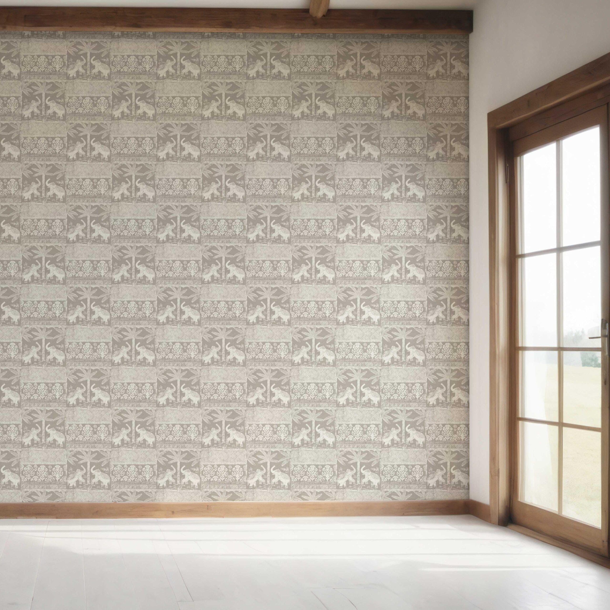 Ethnic/ Heritage Elephants & Animals Print Bedroom Wallpaper Sample (Warm Gray/ Greige/ White)