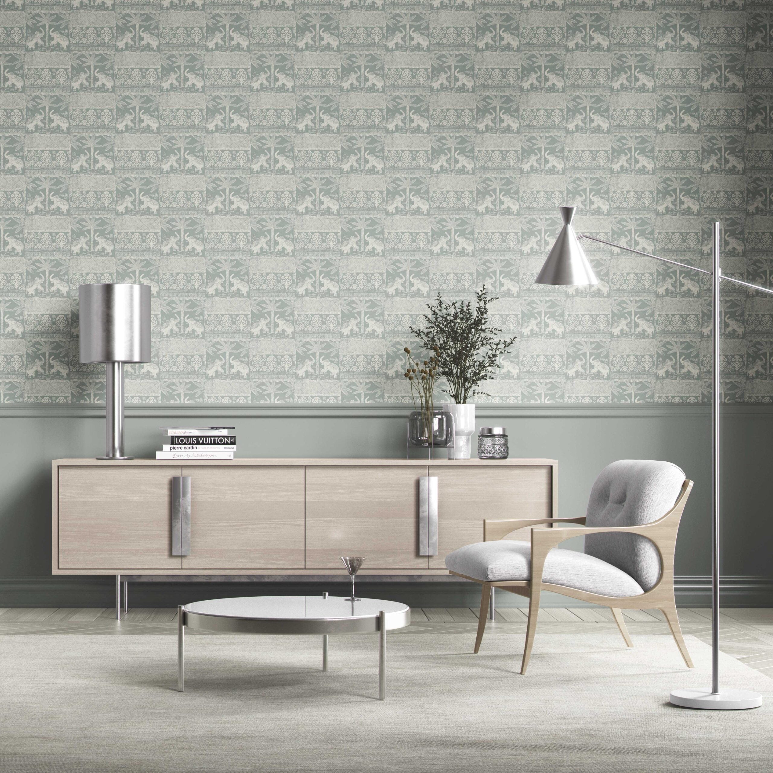 Ethnic/ Heritage Elephants & Animals Print Kitchen Wallpaper Sample (Duck Egg Blue/ White)