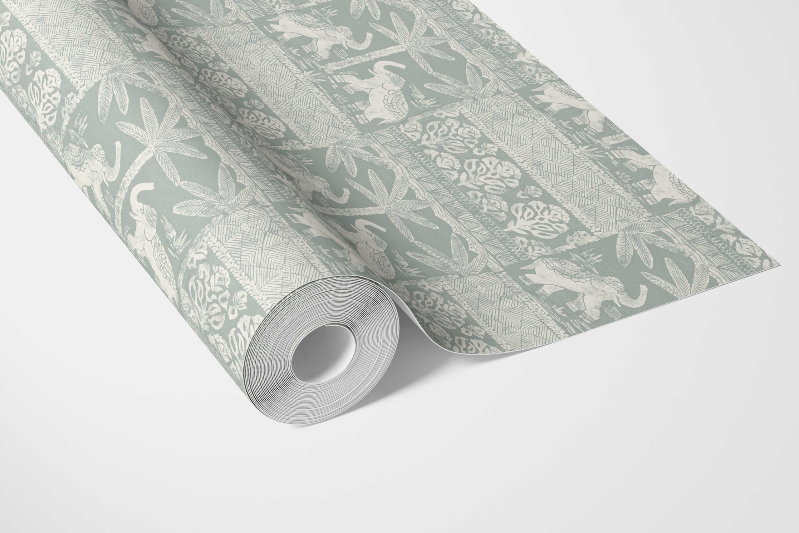 Ethnic/ Heritage Elephants & Animals Print Bathroom Wallpaper Sample (Duck Egg Blue/ White)