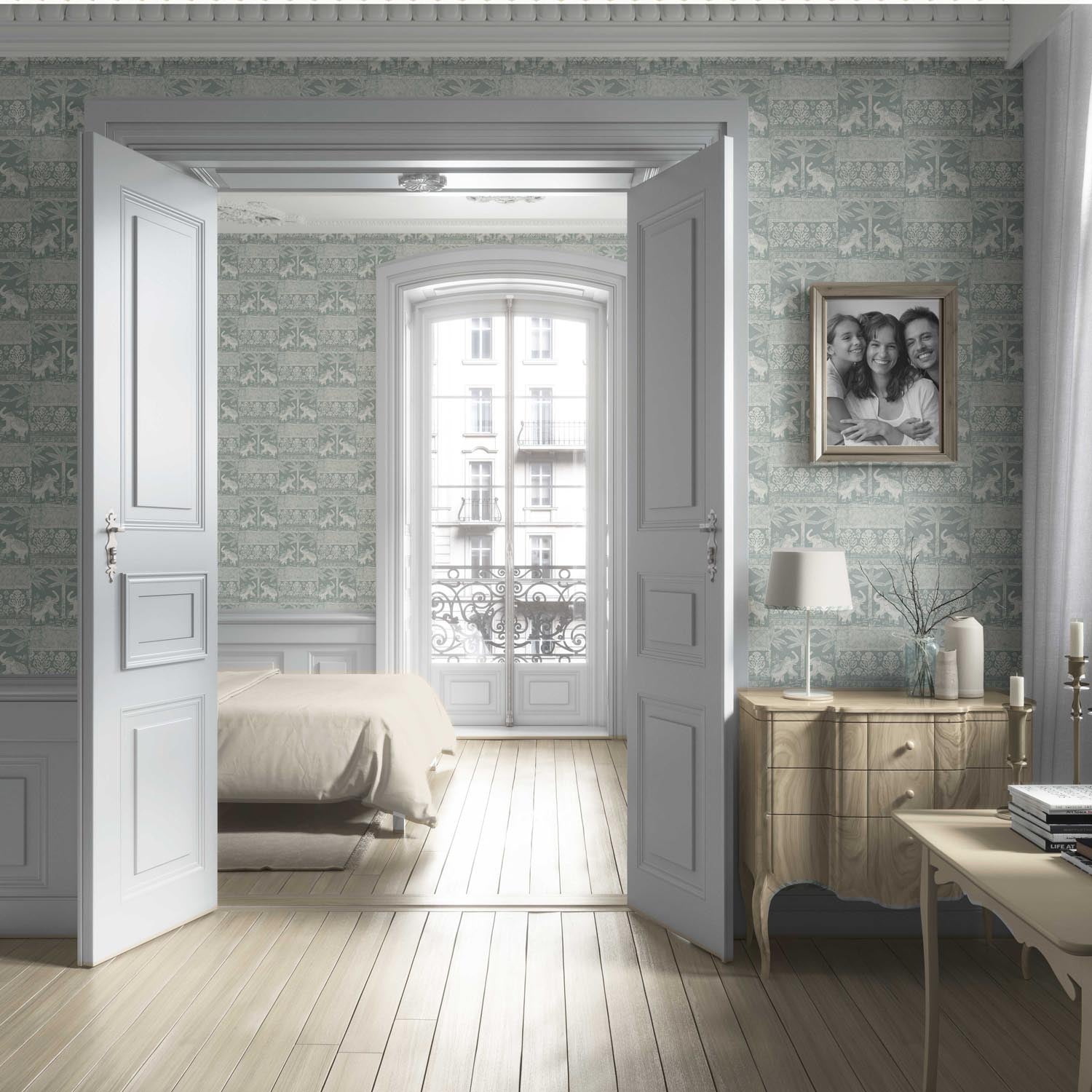 Ethnic/ Heritage Elephants & Animals Print Living Room Wallpaper Sample (Duck Egg Blue/ White)