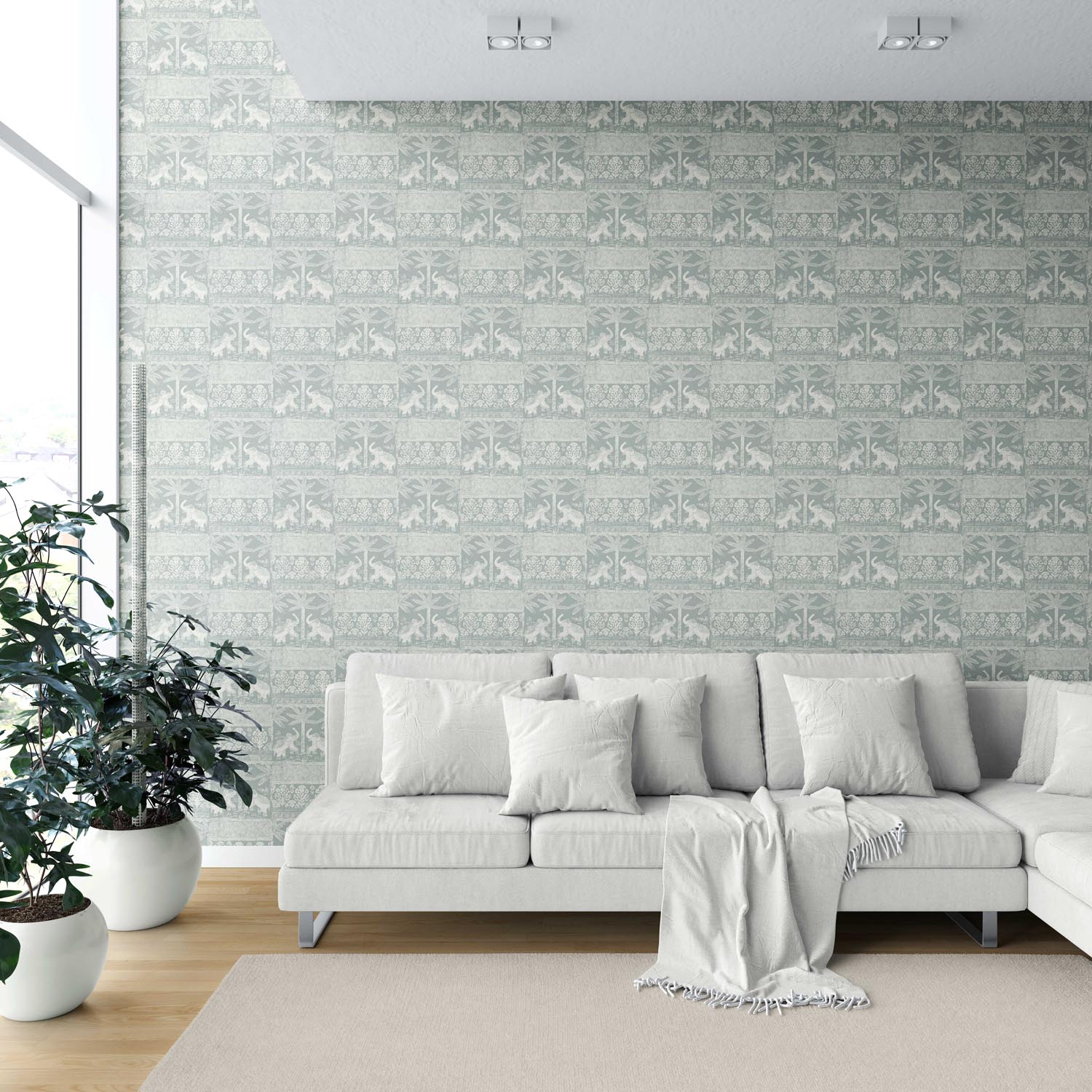 Ethnic/ Heritage Elephants & Animals Print Shower Toilet Wallpaper Sample (Duck Egg Blue/ White)