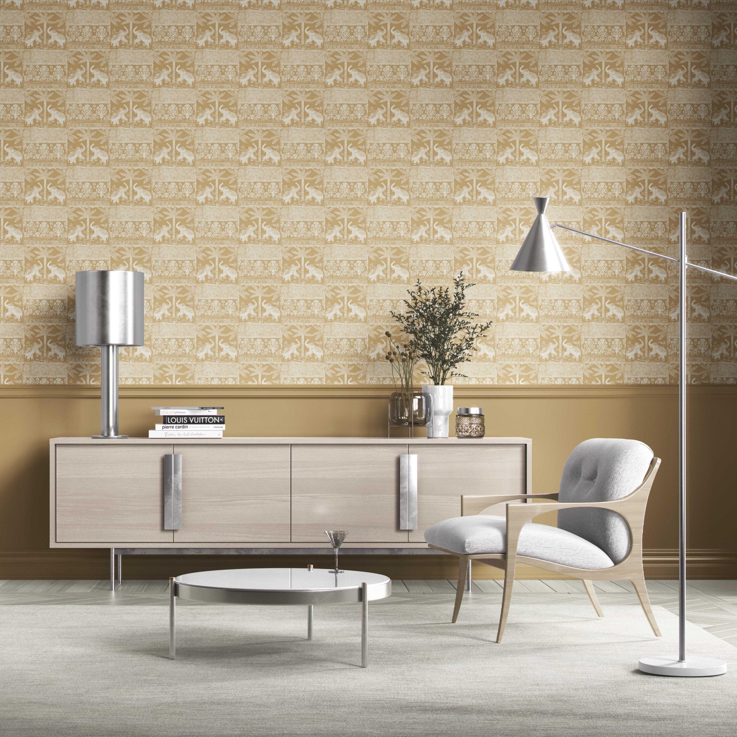 Ethnic/ Heritage Elephants & Animals Print Kitchen Wallpaper (Yellow/ White)
