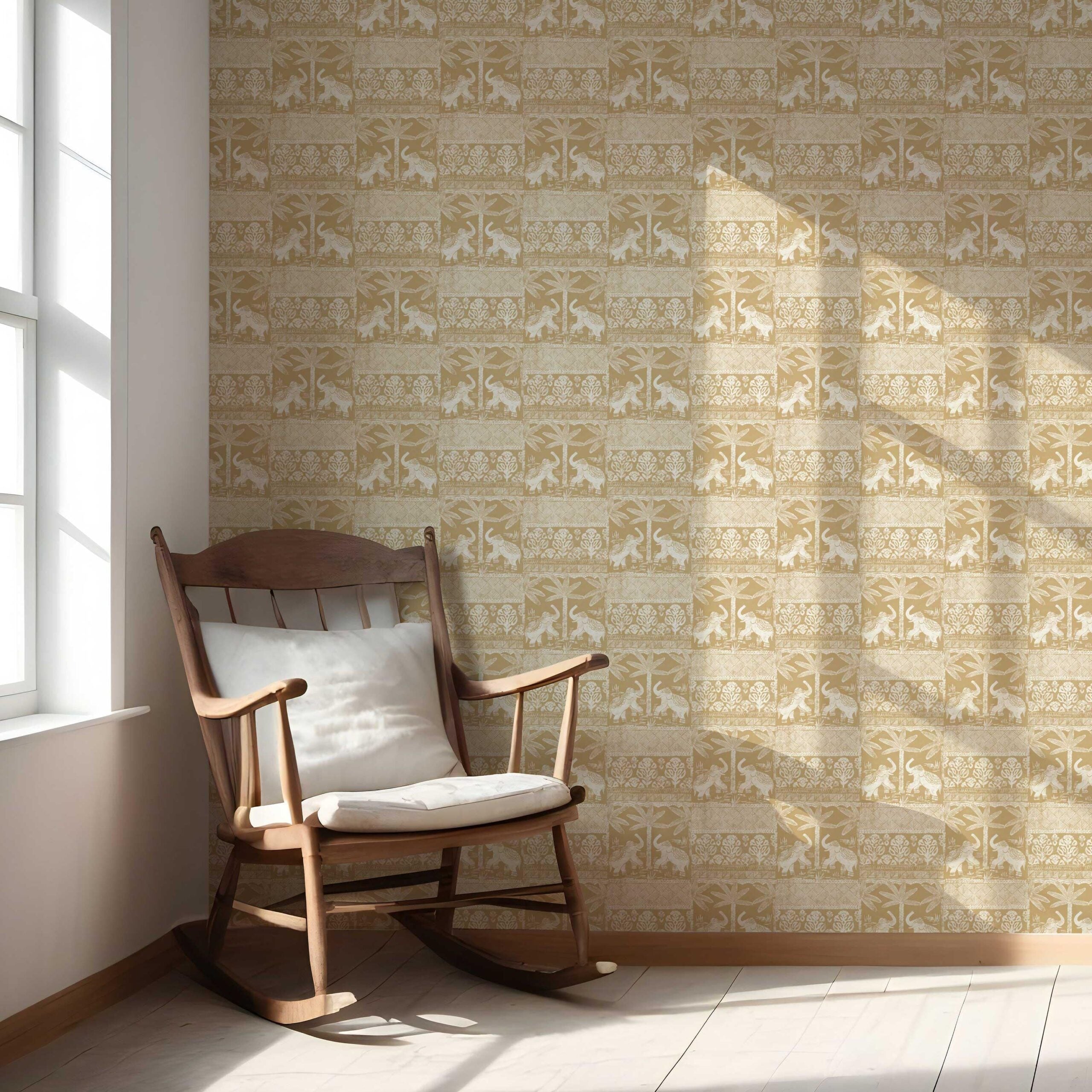 Ethnic/ Heritage Elephants & Animals Print Nursery Wallpaper (Yellow/ White)