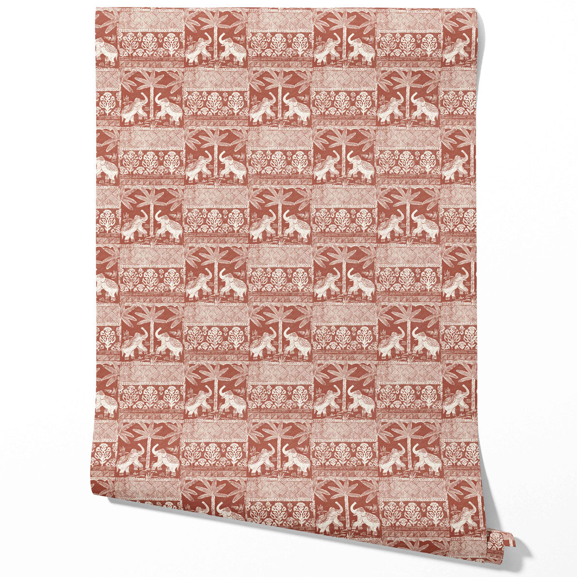 Ethnic/ Heritage Elephants & Animals Print Traditional Wallpaper Sample (Terracotta Red/ White)