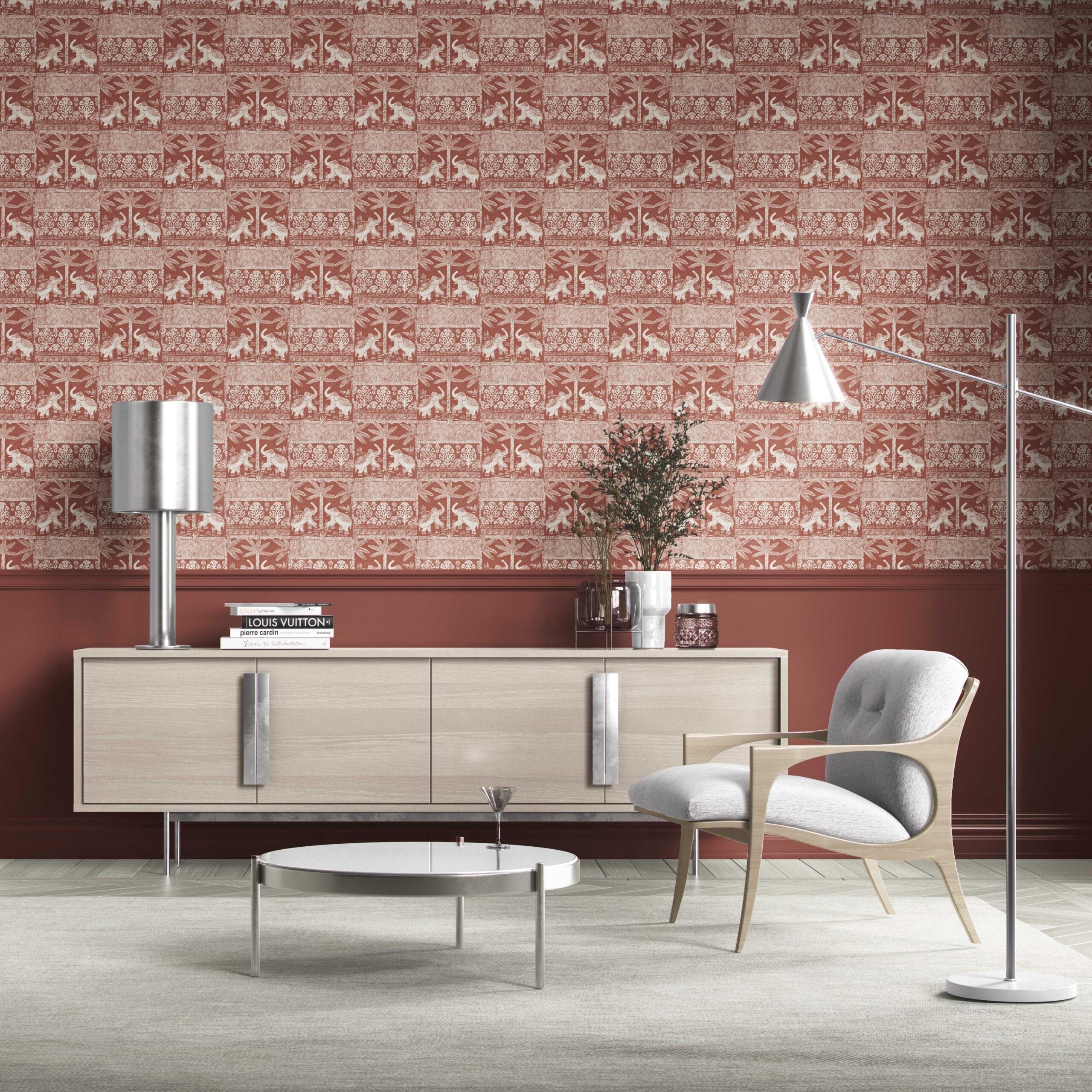 Ethnic/ Heritage Elephants & Animals Print Kitchen Wallpaper Sample (Terracotta Red/ White)