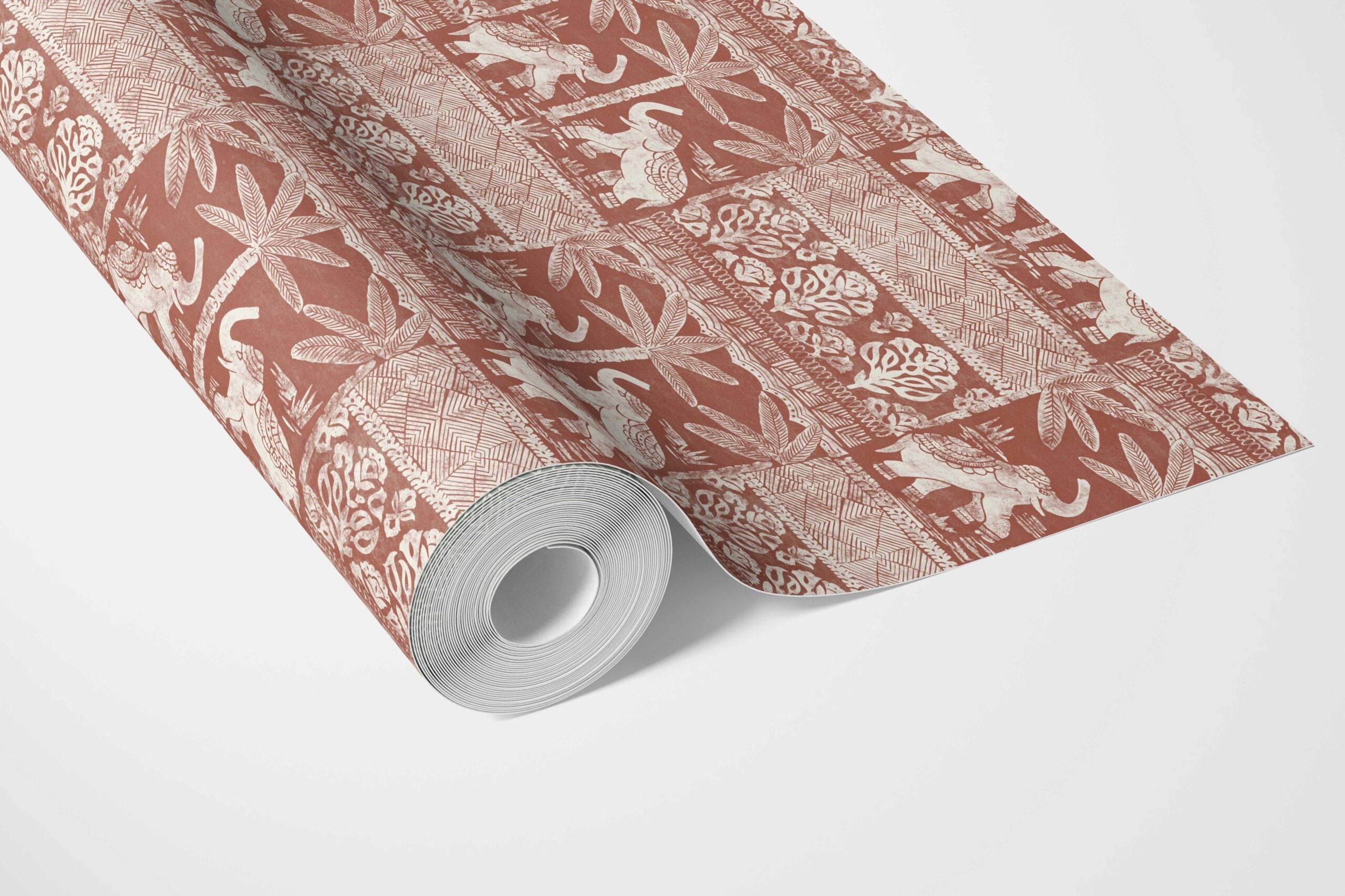 Ethnic/ Heritage Elephants & Animals Print Bathroom Wallpaper Sample (Terracotta Red/ White)