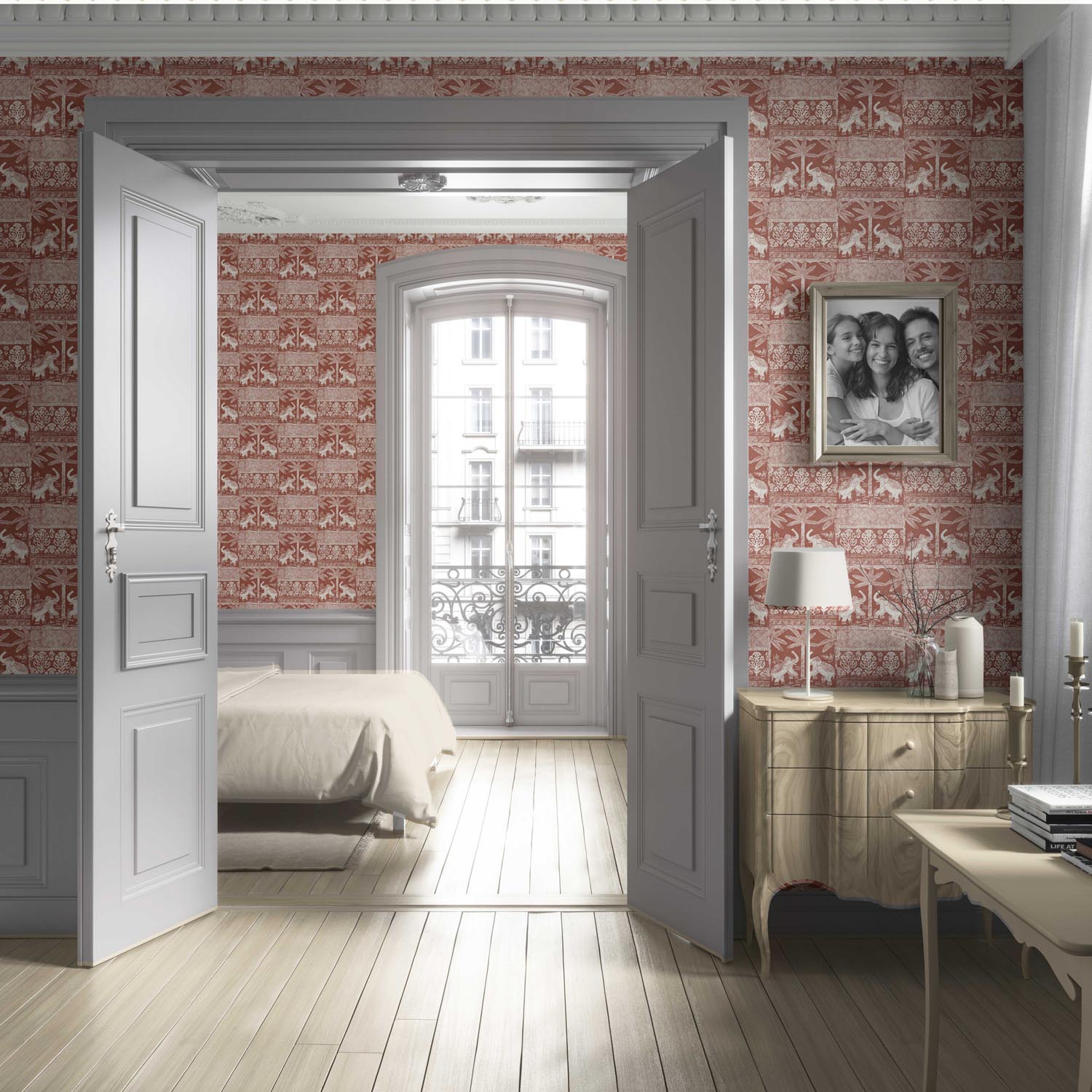 Ethnic/ Heritage Elephants & Animals Print Living Room Wallpaper Sample (Terracotta Red/ White)