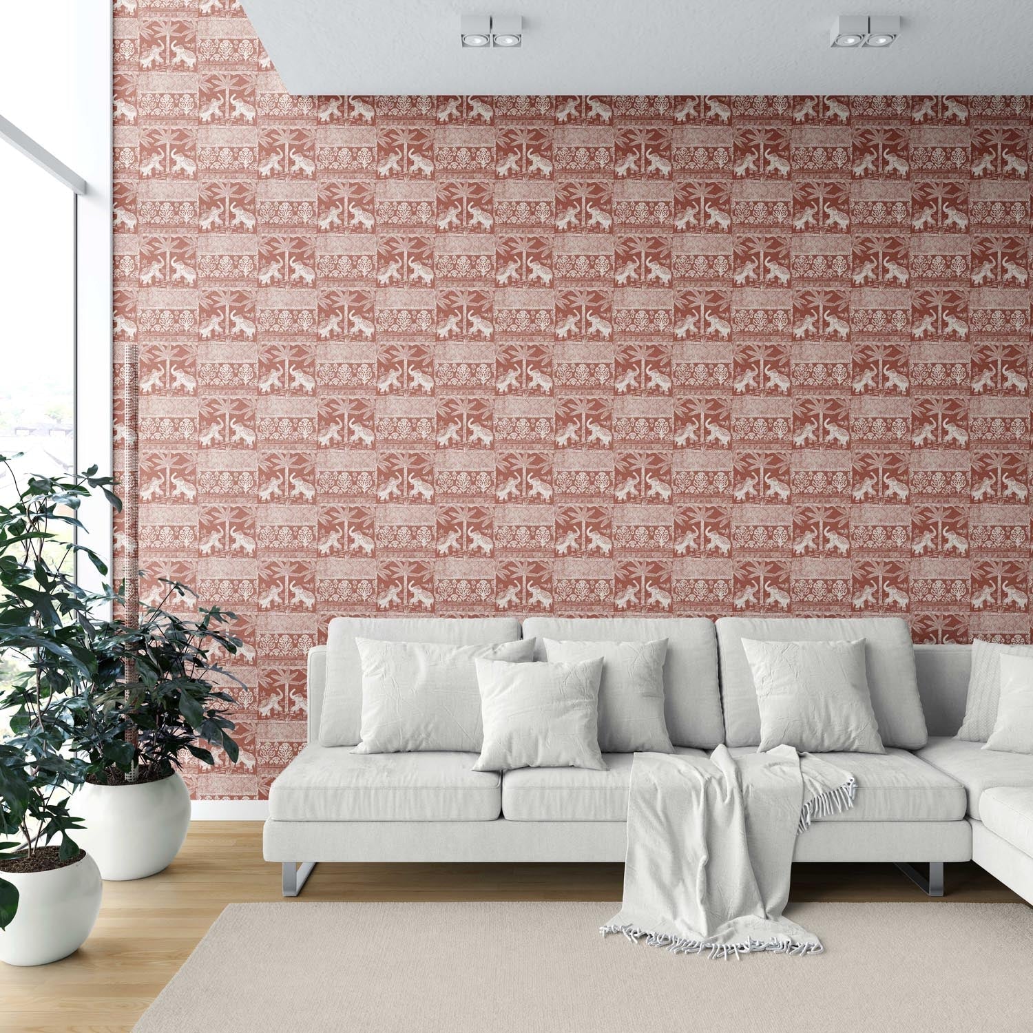 Ethnic/ Heritage Elephants & Animals Print Shower Toilet Wallpaper Sample (Terracotta Red/ White)
