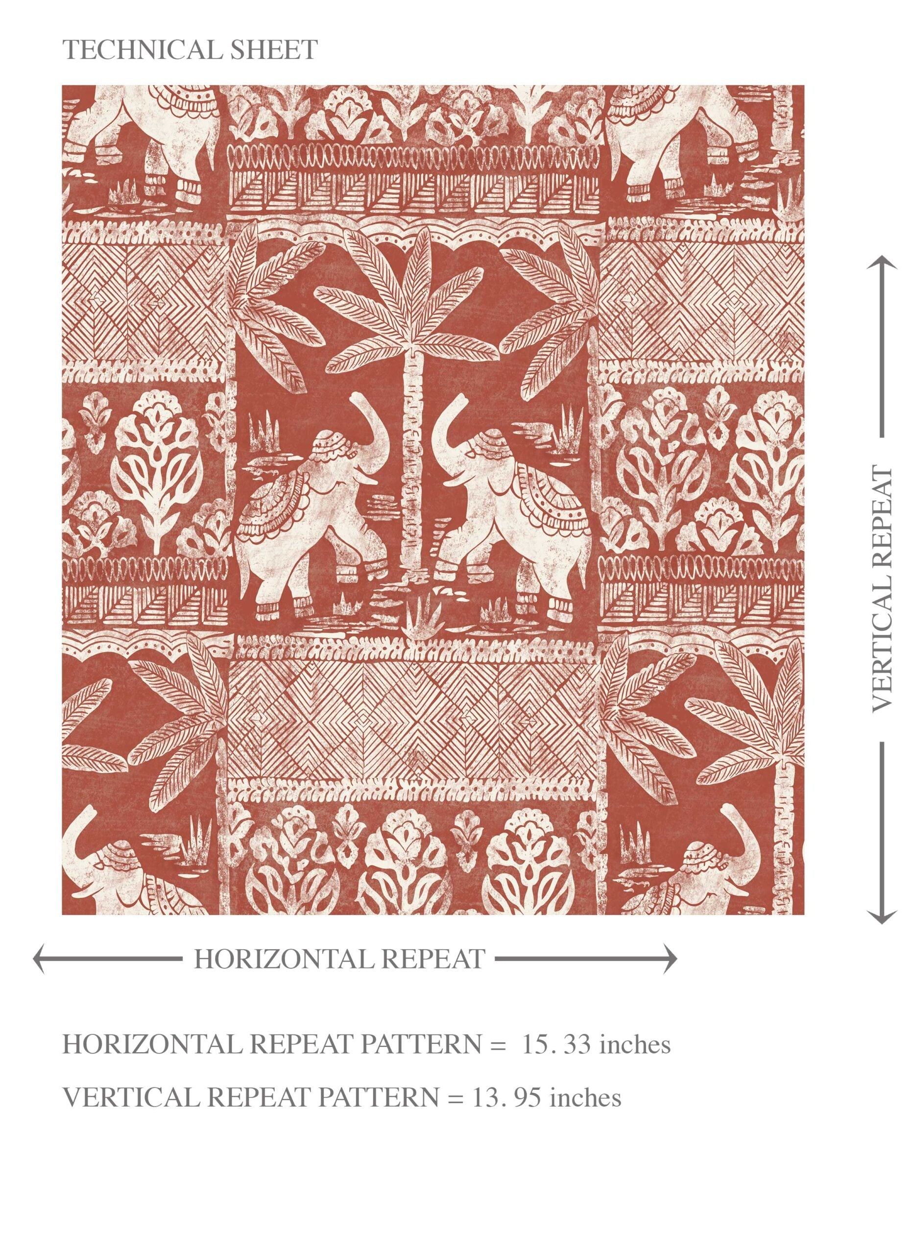 Ethnic/ Heritage Elephants & Animals Print Kids Room Wallpaper Sample (Terracotta Red/ White)