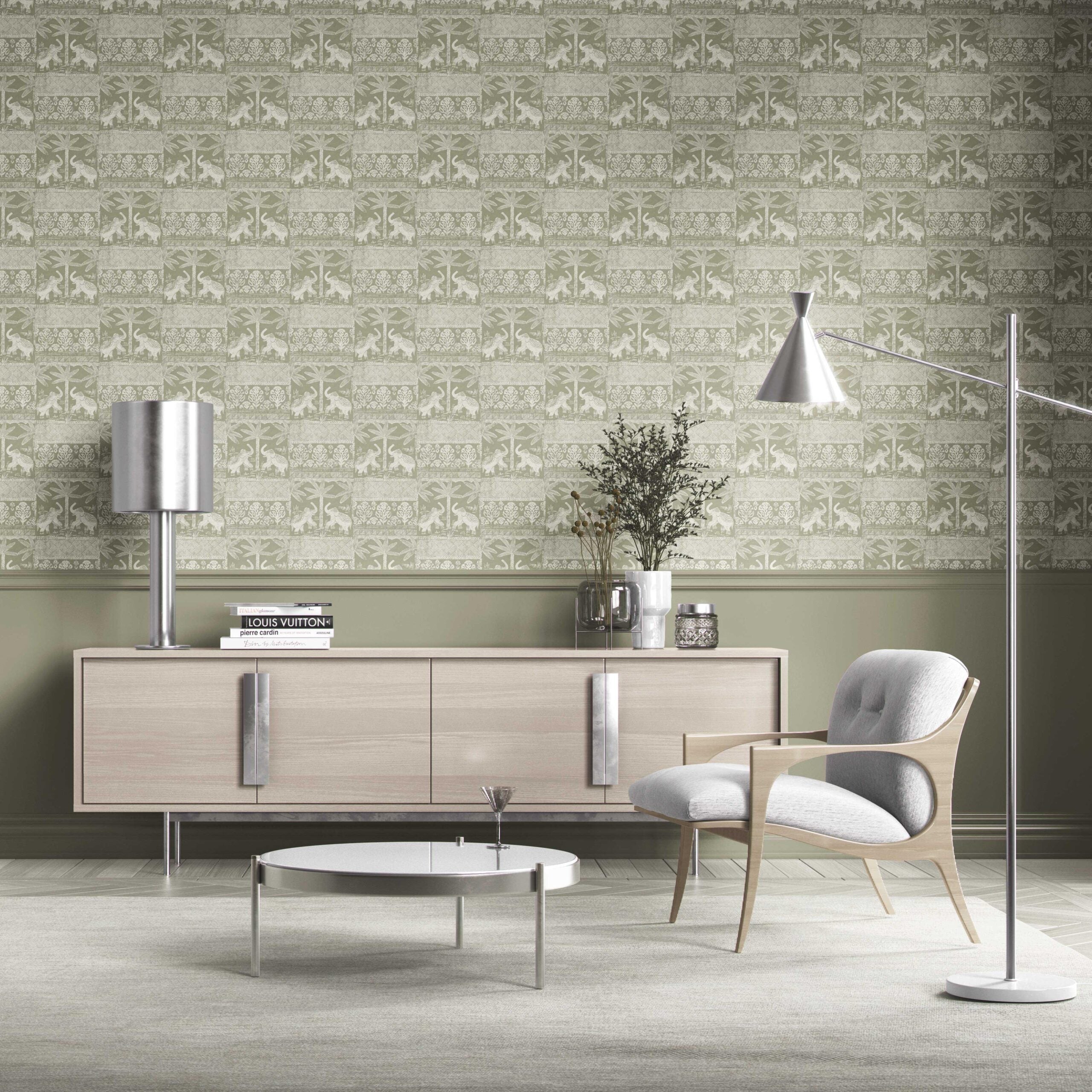Ethnic/ Heritage Elephants & Animals Print Kitchen Wallpaper Sample (Olive Green/ White)
