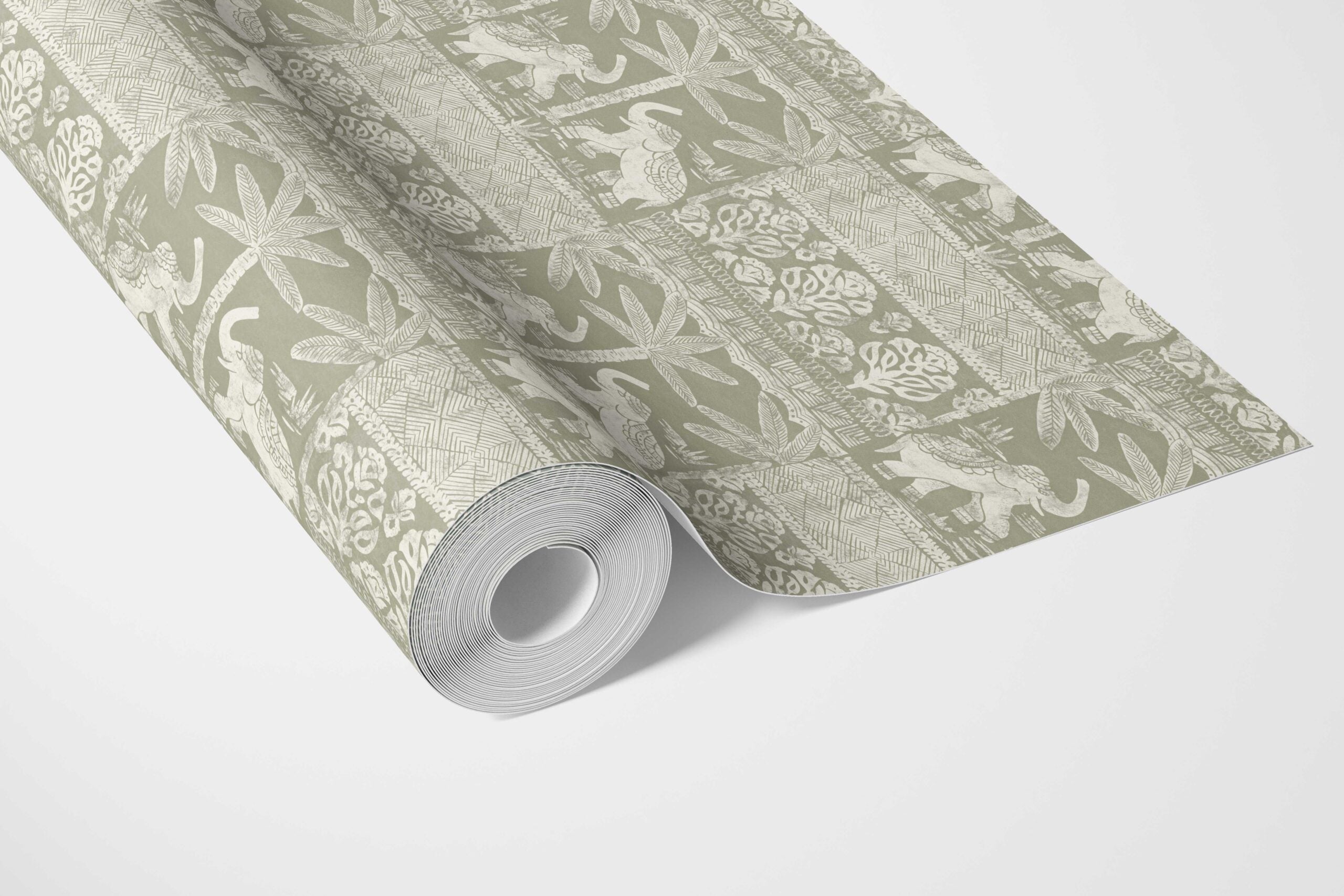 Ethnic/ Heritage Elephants & Animals Print Bathroom Wallpaper Sample (Olive Green/ White)