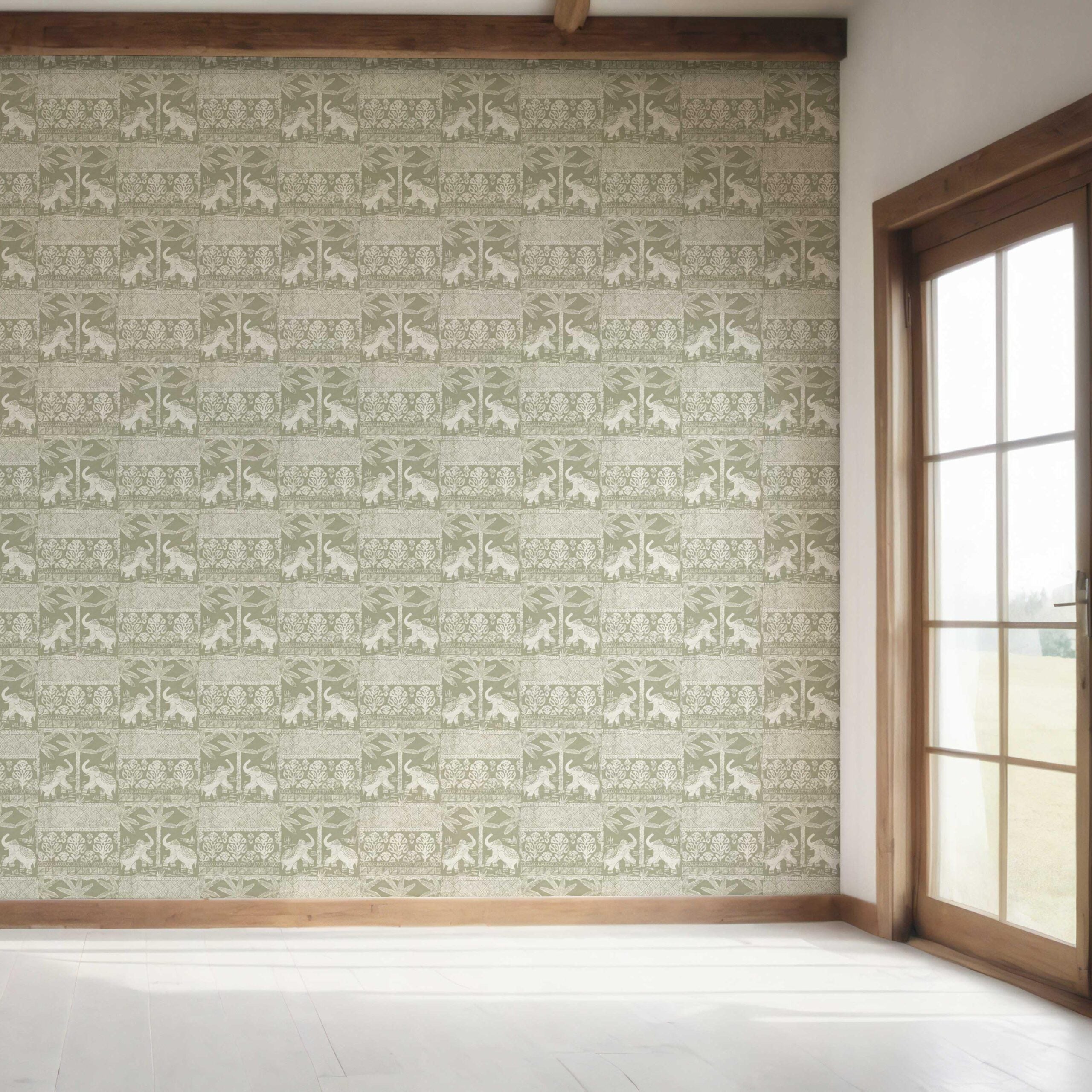 Ethnic/ Heritage Elephants & Animals Print Bedroom Wallpaper Sample (Olive Green/ White)