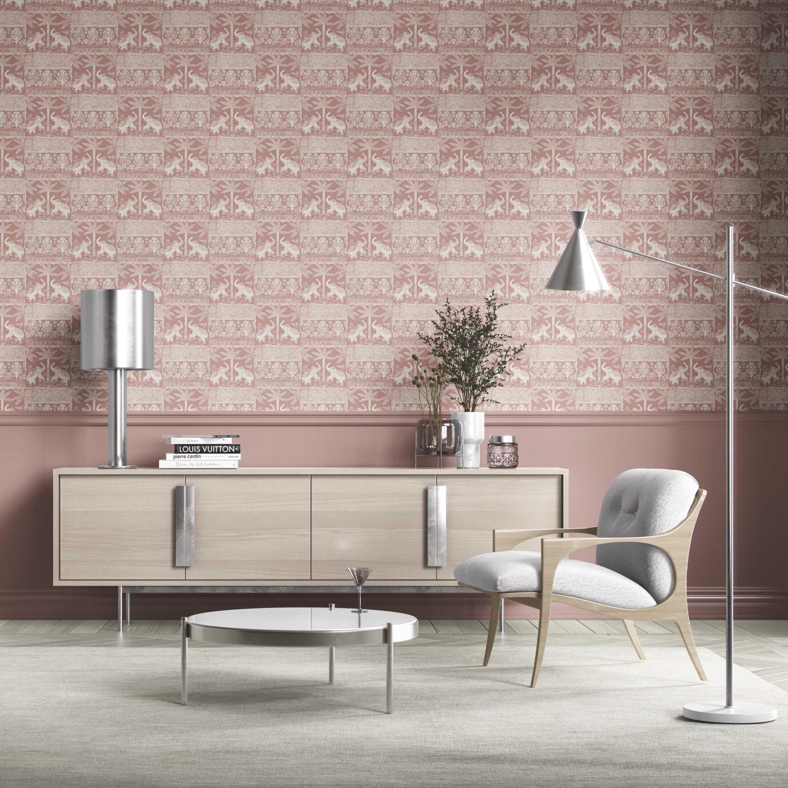 Ethnic/ Heritage Elephants & Animals Print Kitchen Wallpaper Sample (Pink/ White)