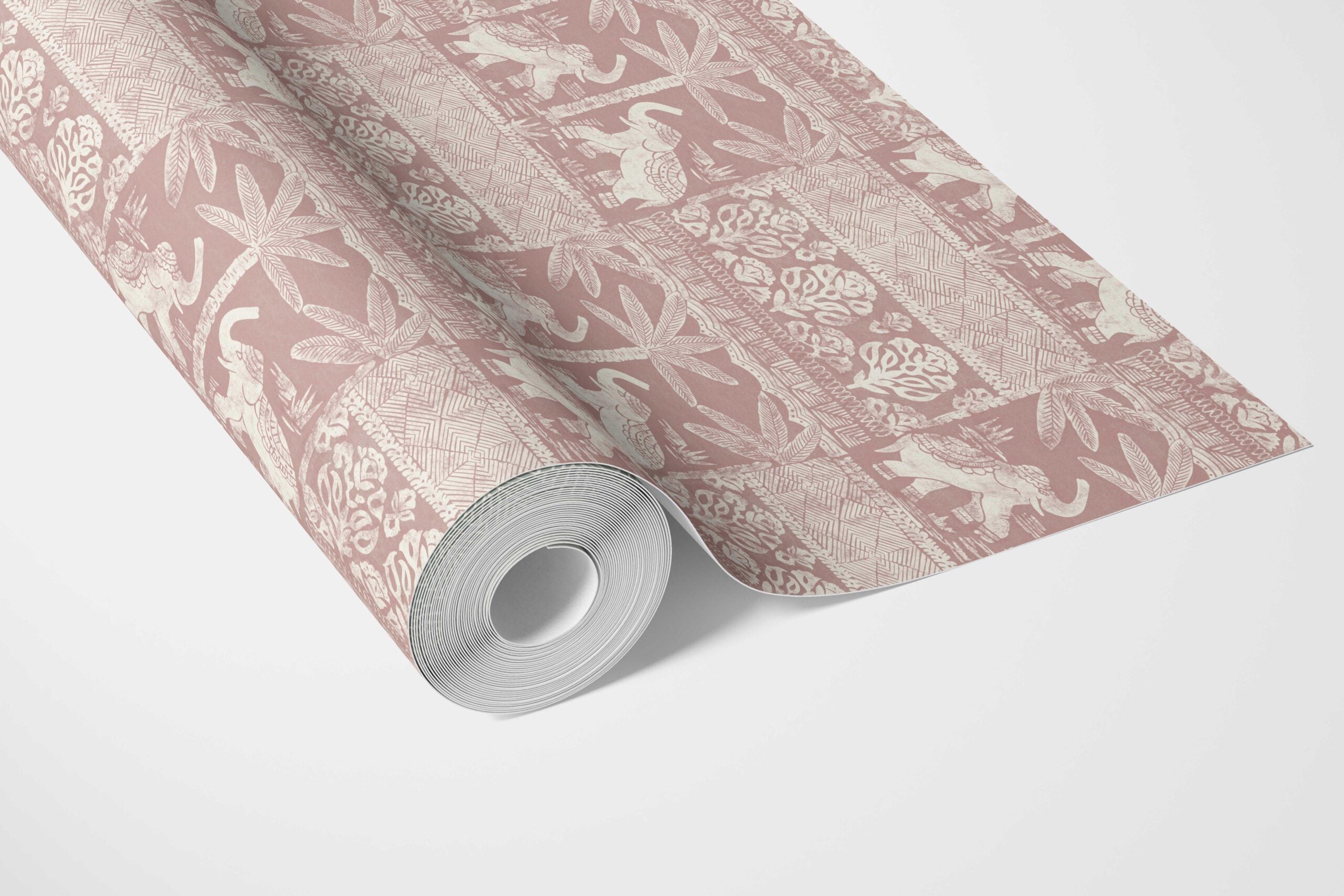 Ethnic/ Heritage Elephants & Animals Print Bathroom Wallpaper Sample (Pink/ White)
