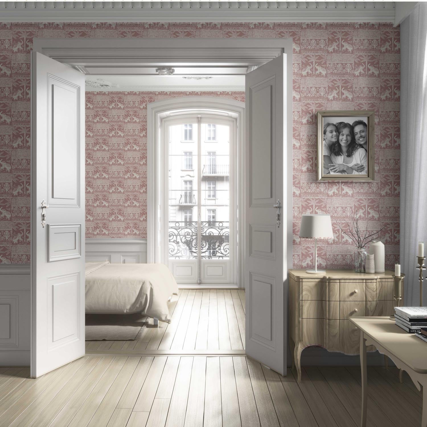 Ethnic/ Heritage Elephants & Animals Print Living Room Wallpaper Sample (Pink/ White)