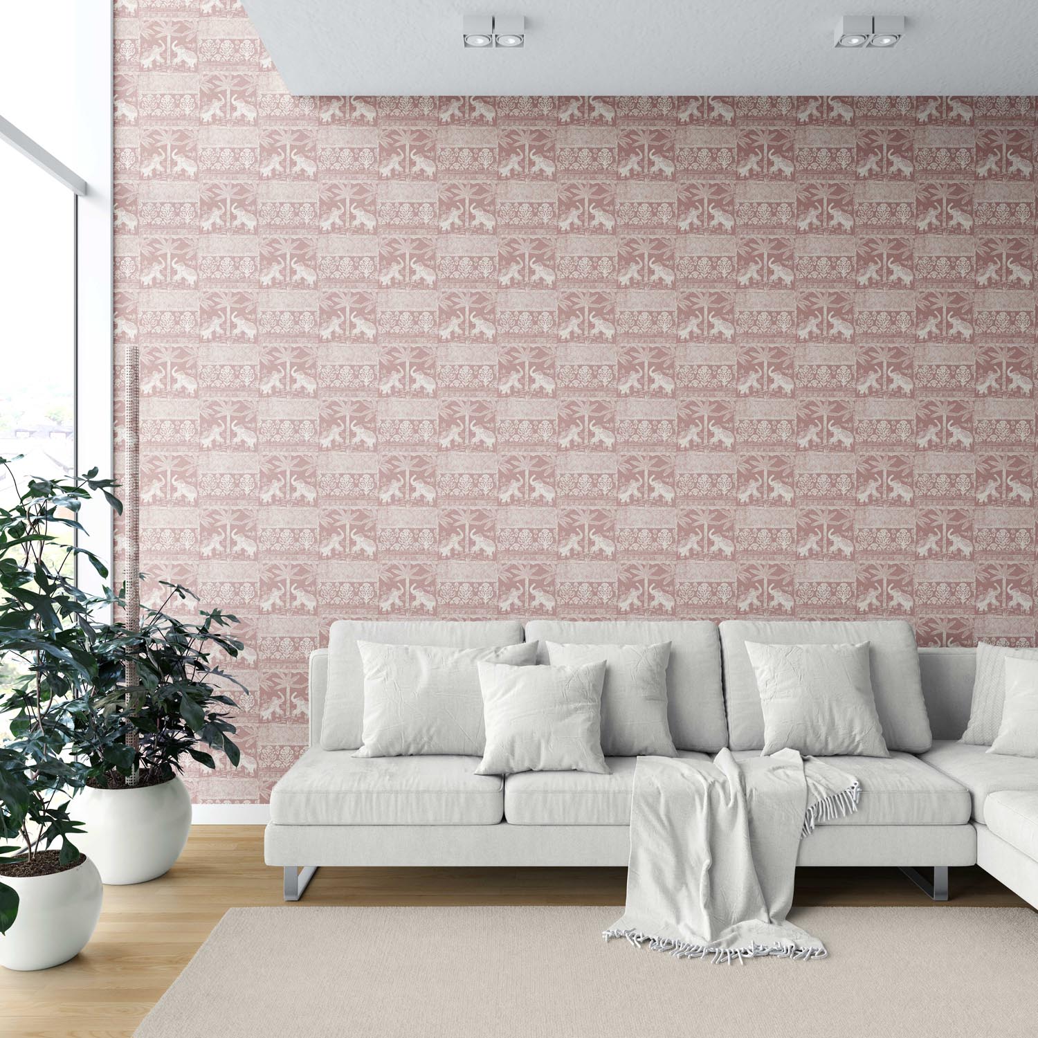 Ethnic/ Heritage Elephants & Animals Print Shower Toilet Wallpaper Sample (Pink/ White)