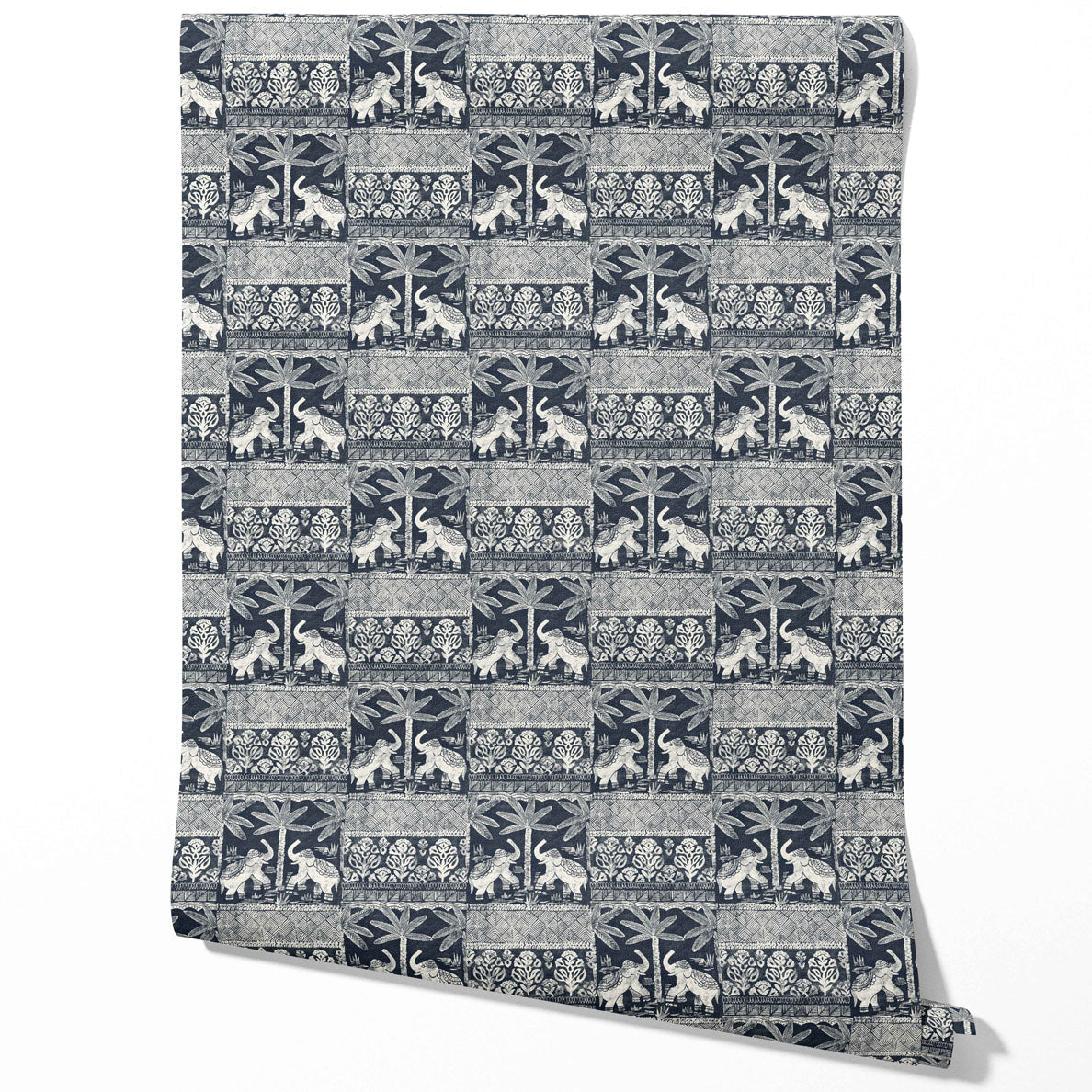 Ethnic/ Heritage Elephants & Animals Print Traditional Wallpaper Sample (Navy Blue/ White)