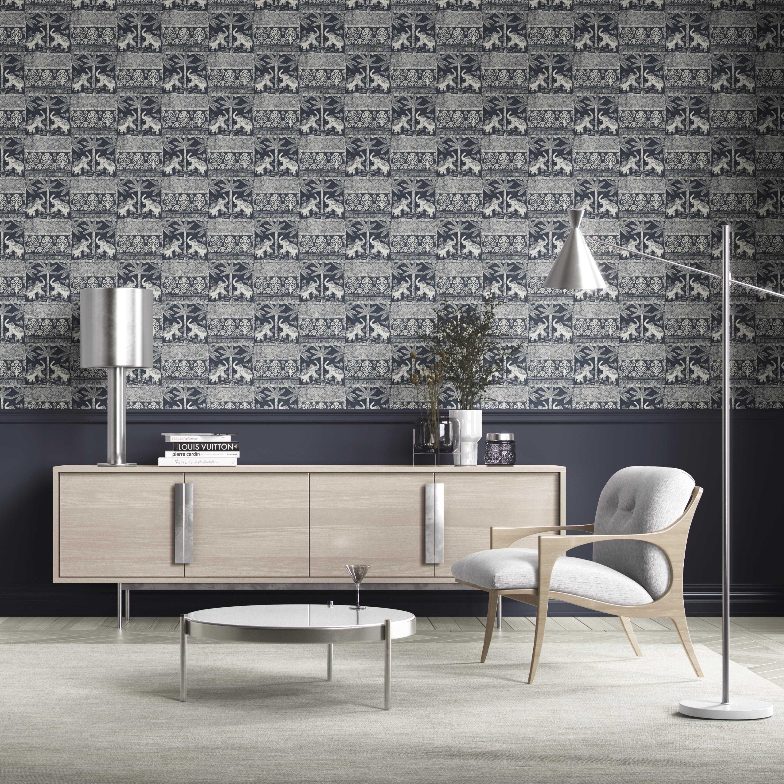 Ethnic/ Heritage Elephants & Animals Print Kitchen Wallpaper Sample (Navy Blue/ White)
