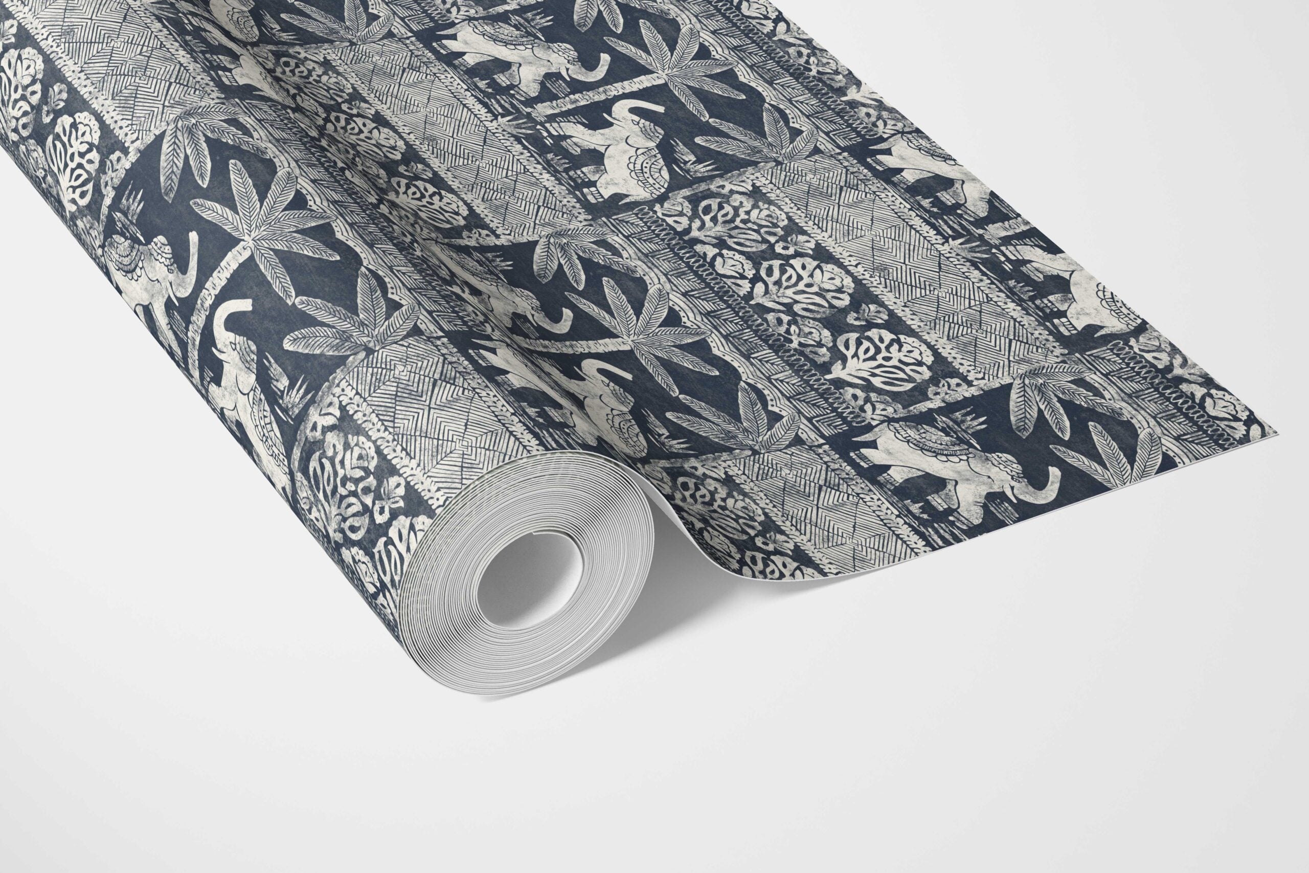 Ethnic/ Heritage Elephants & Animals Print Bathroom Wallpaper Sample (Navy Blue/ White)