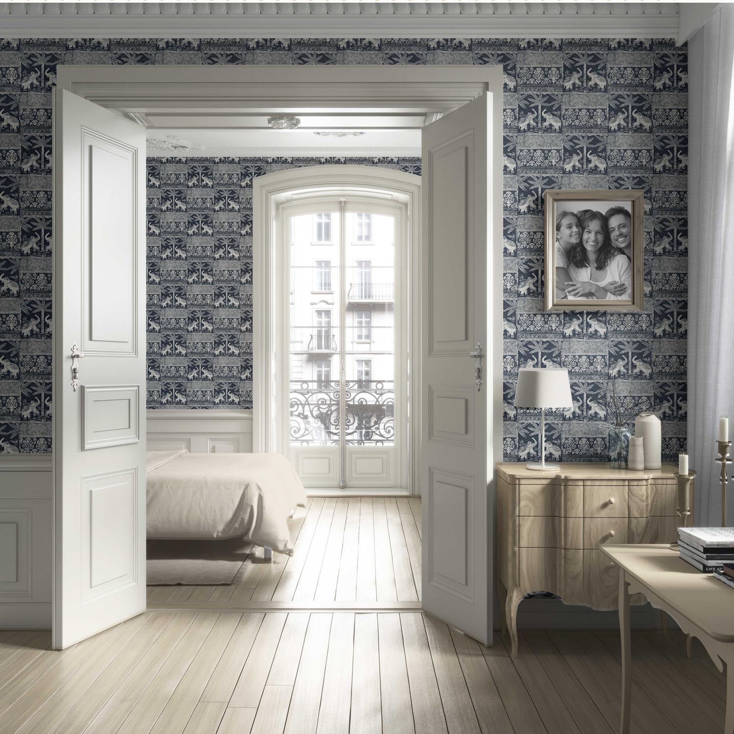 Ethnic/ Heritage Elephants & Animals Print Living Room Wallpaper Sample (Navy Blue/ White)