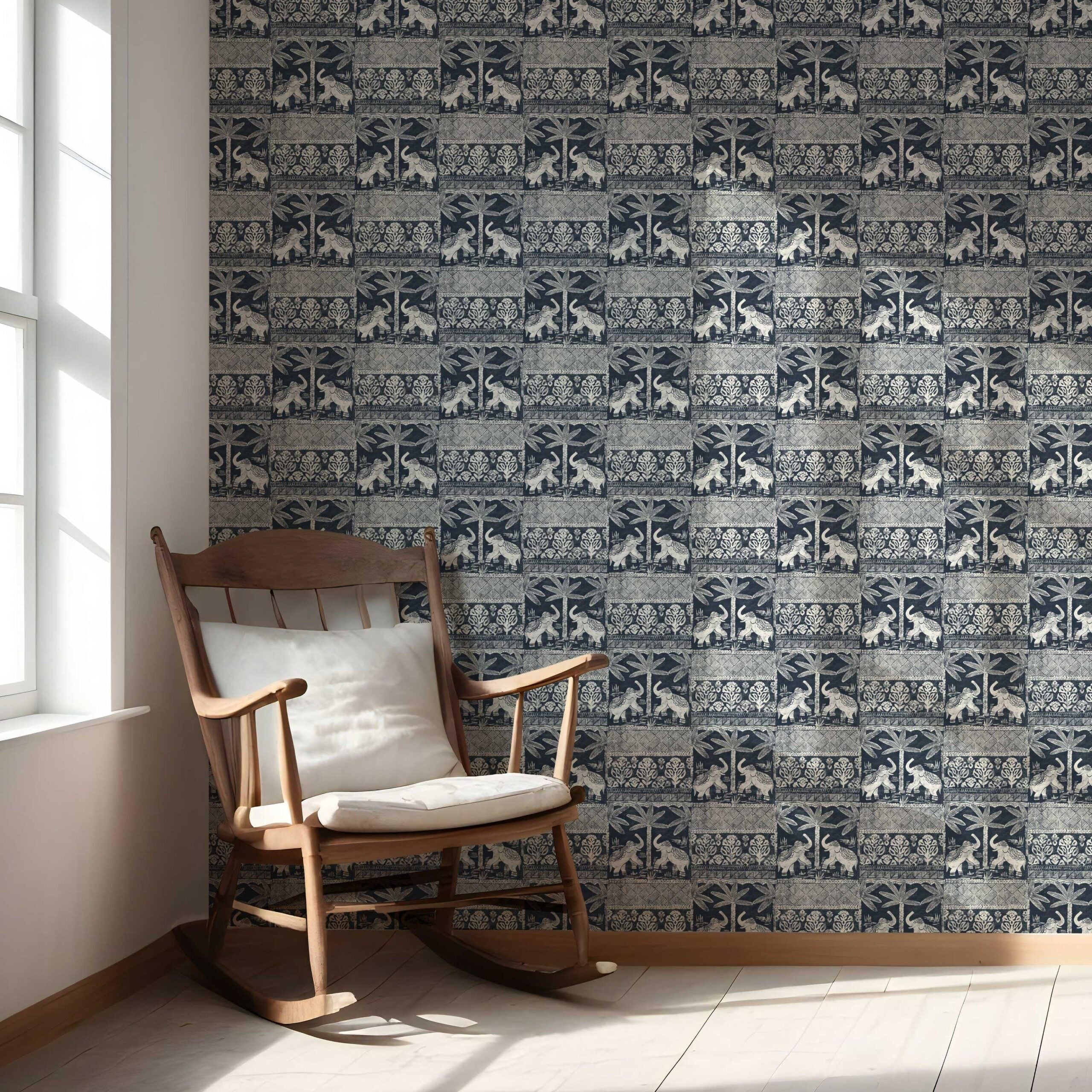 Ethnic/ Heritage Elephants & Animals Print Nursery Wallpaper Sample (Navy Blue/ White)
