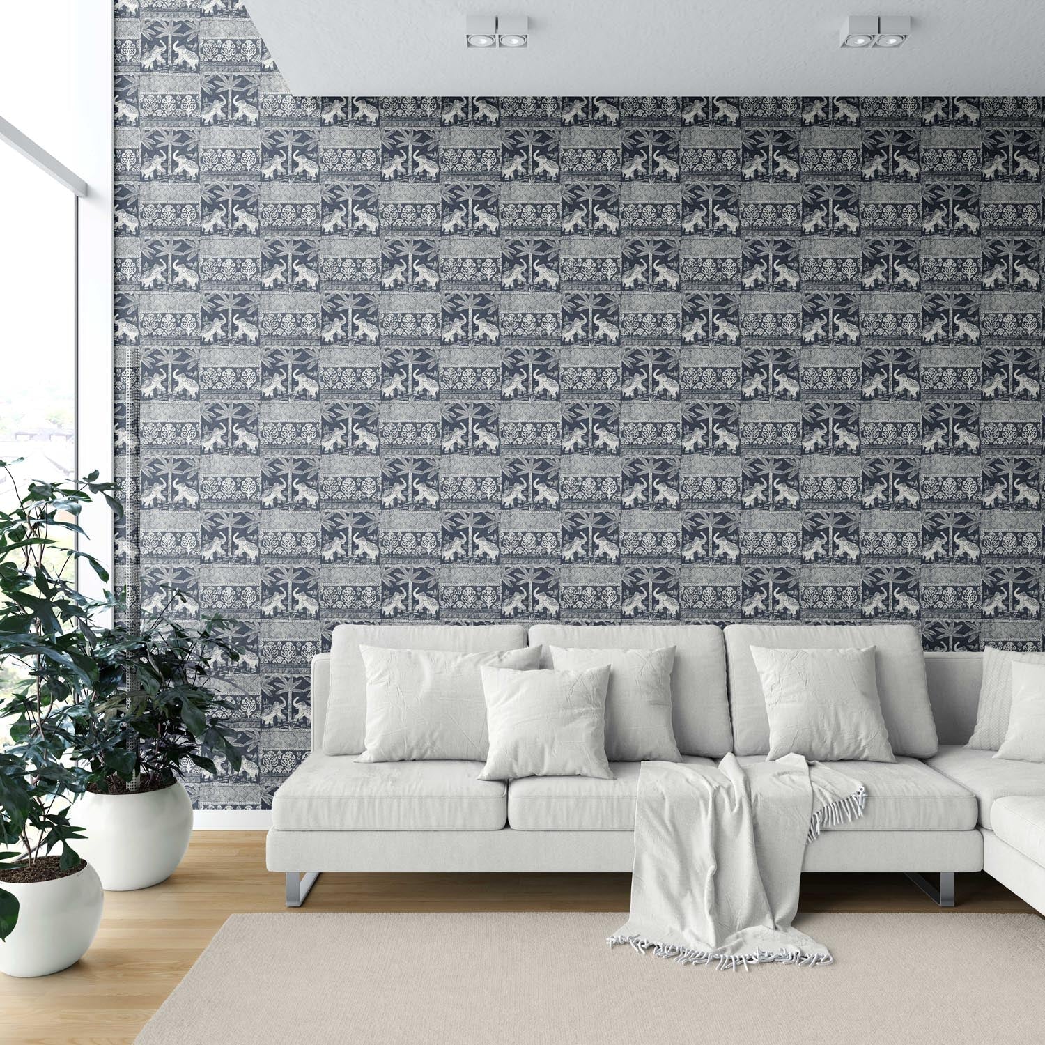 Ethnic/ Heritage Elephants & Animals Print Shower Toilet Wallpaper Sample (Navy Blue/ White)