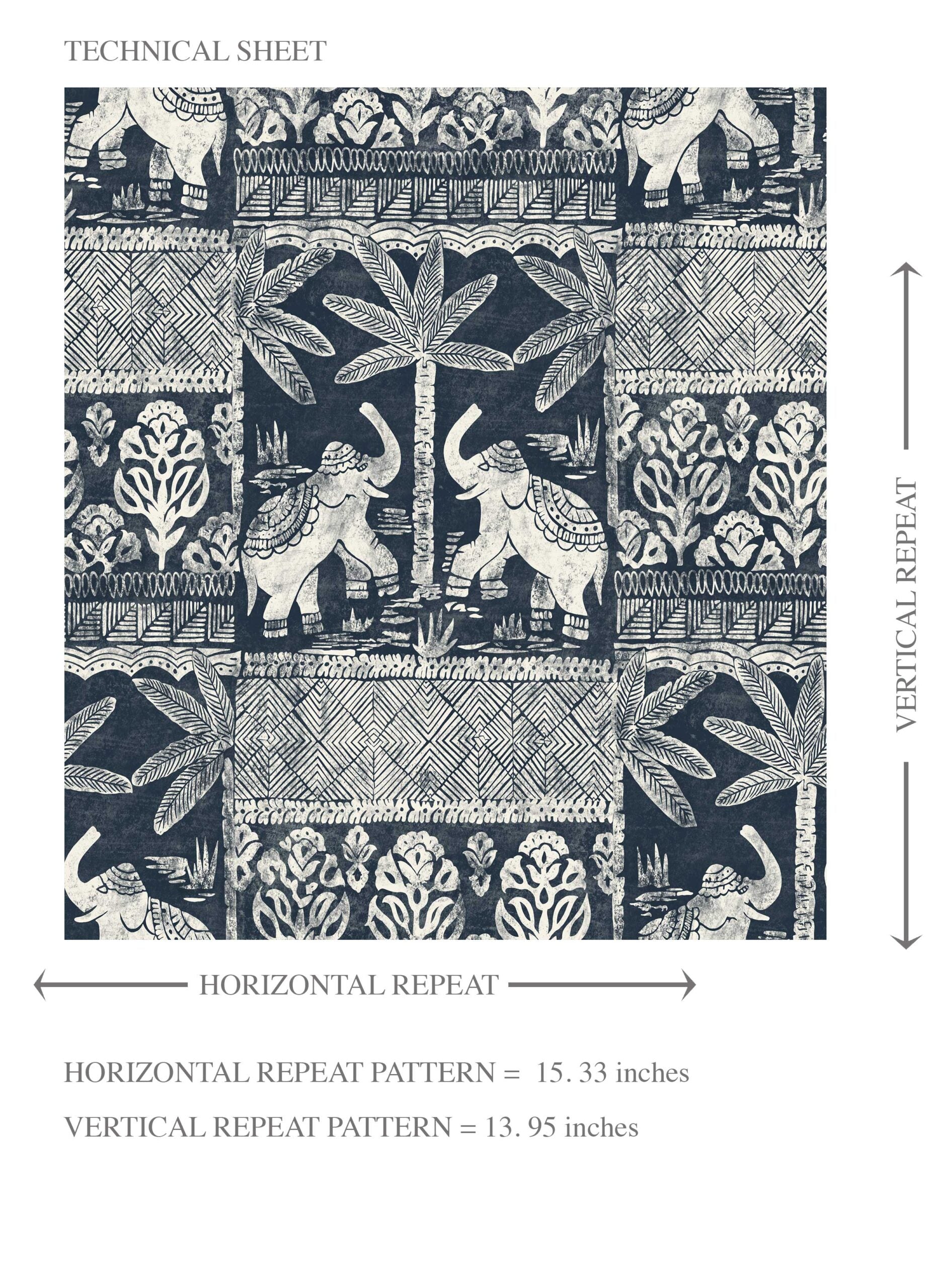 Ethnic/ Heritage Elephants & Animals Print Kids Room Wallpaper Sample (Navy Blue/ White)