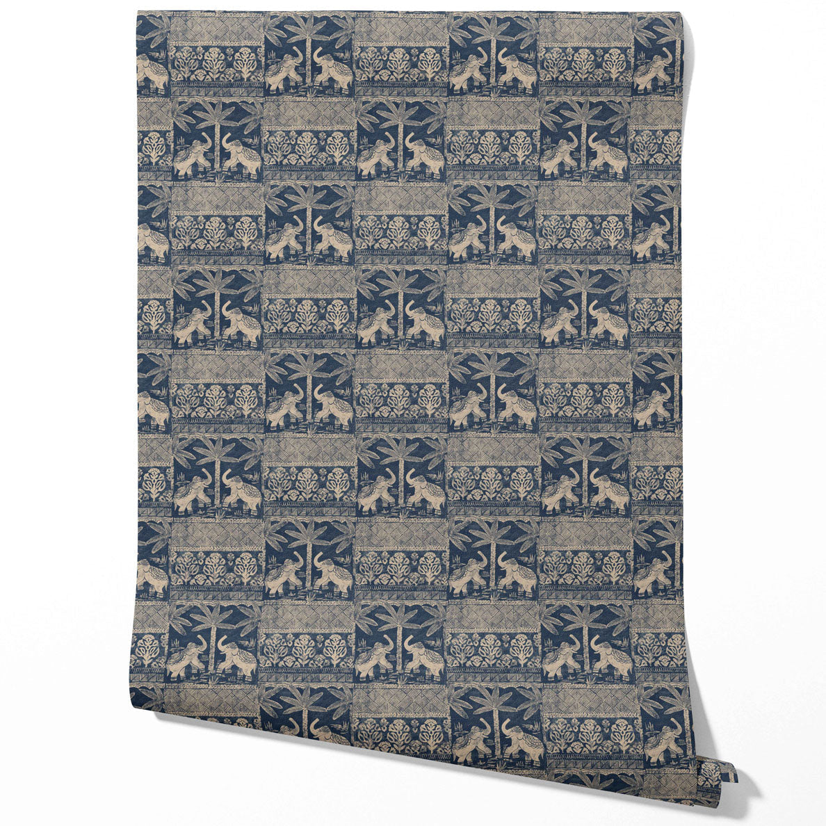 Ethnic/ Heritage Elephants & Animals Print Traditional Wallpaper Sample (Smoky Blue/ Beige)