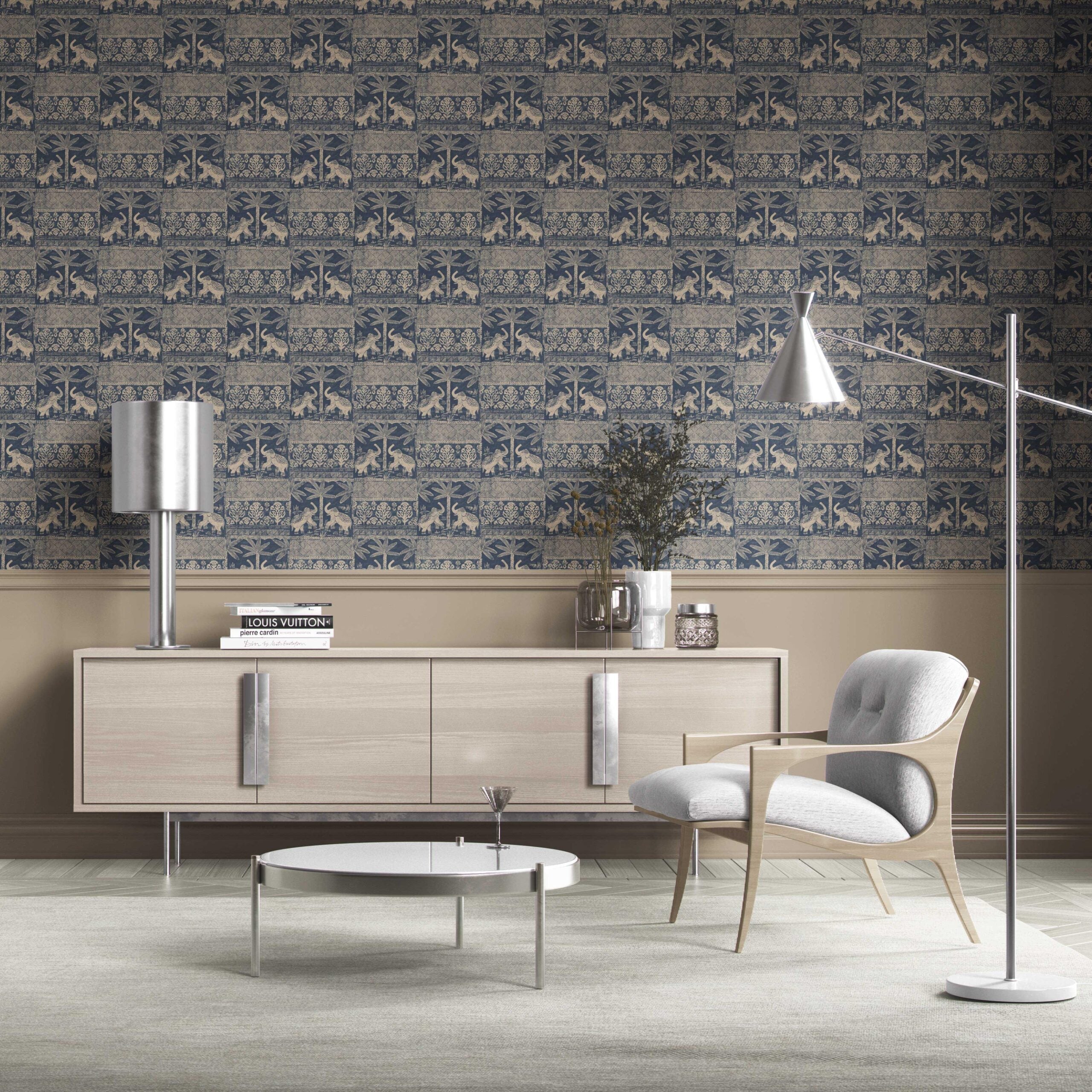 Ethnic/ Heritage Elephants & Animals Print Kitchen Wallpaper Sample (Smoky Blue/ Beige)