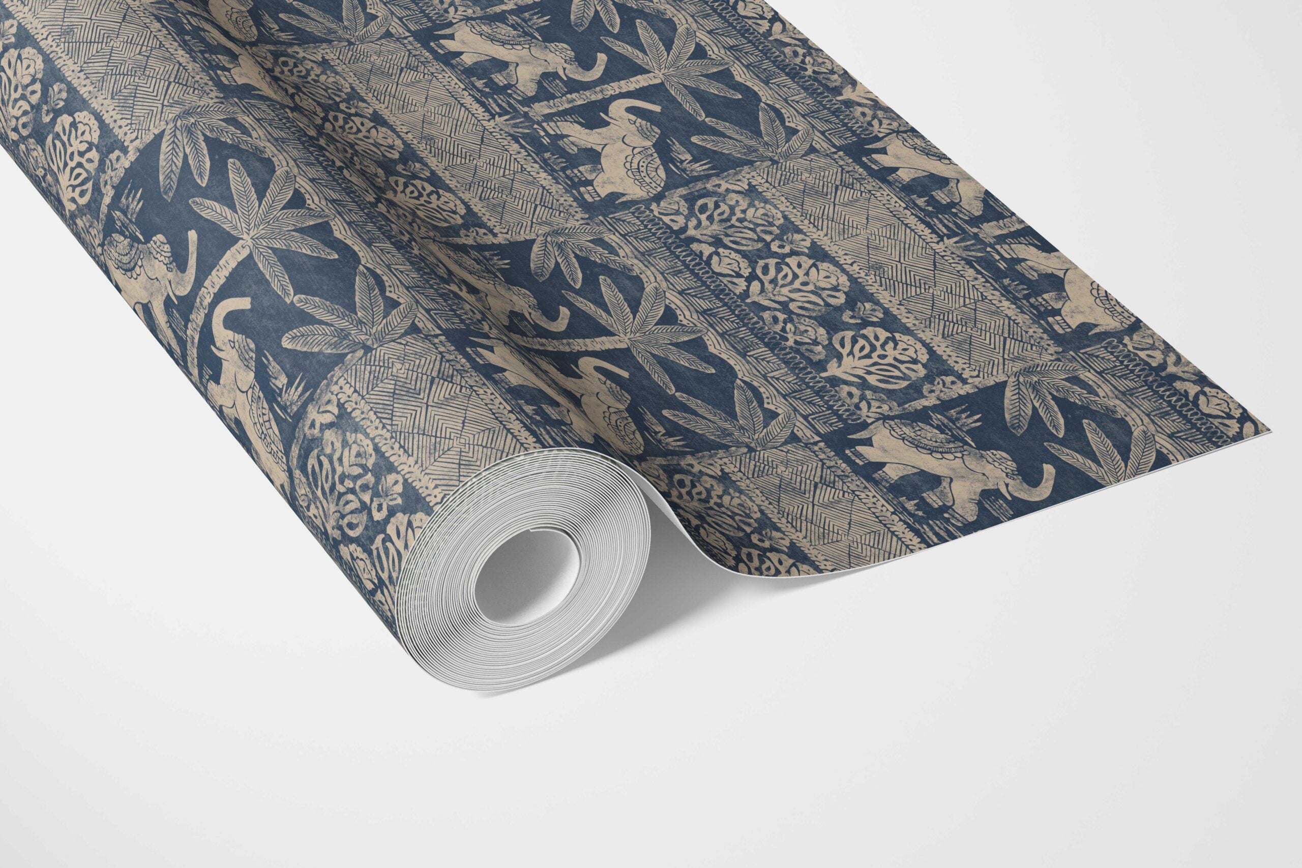 Ethnic/ Heritage Elephants & Animals Print Bathroom Wallpaper Sample (Smoky Blue/ Beige)