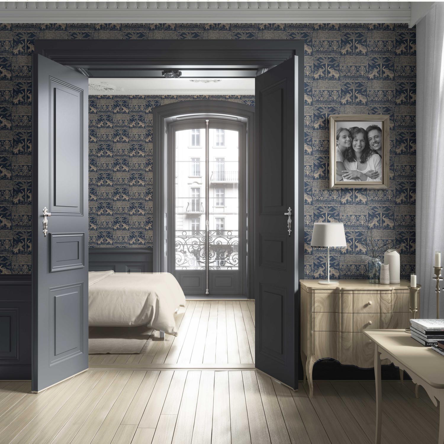 Ethnic/ Heritage Elephants & Animals Print Living Room Wallpaper Sample (Smoky Blue/ Beige)