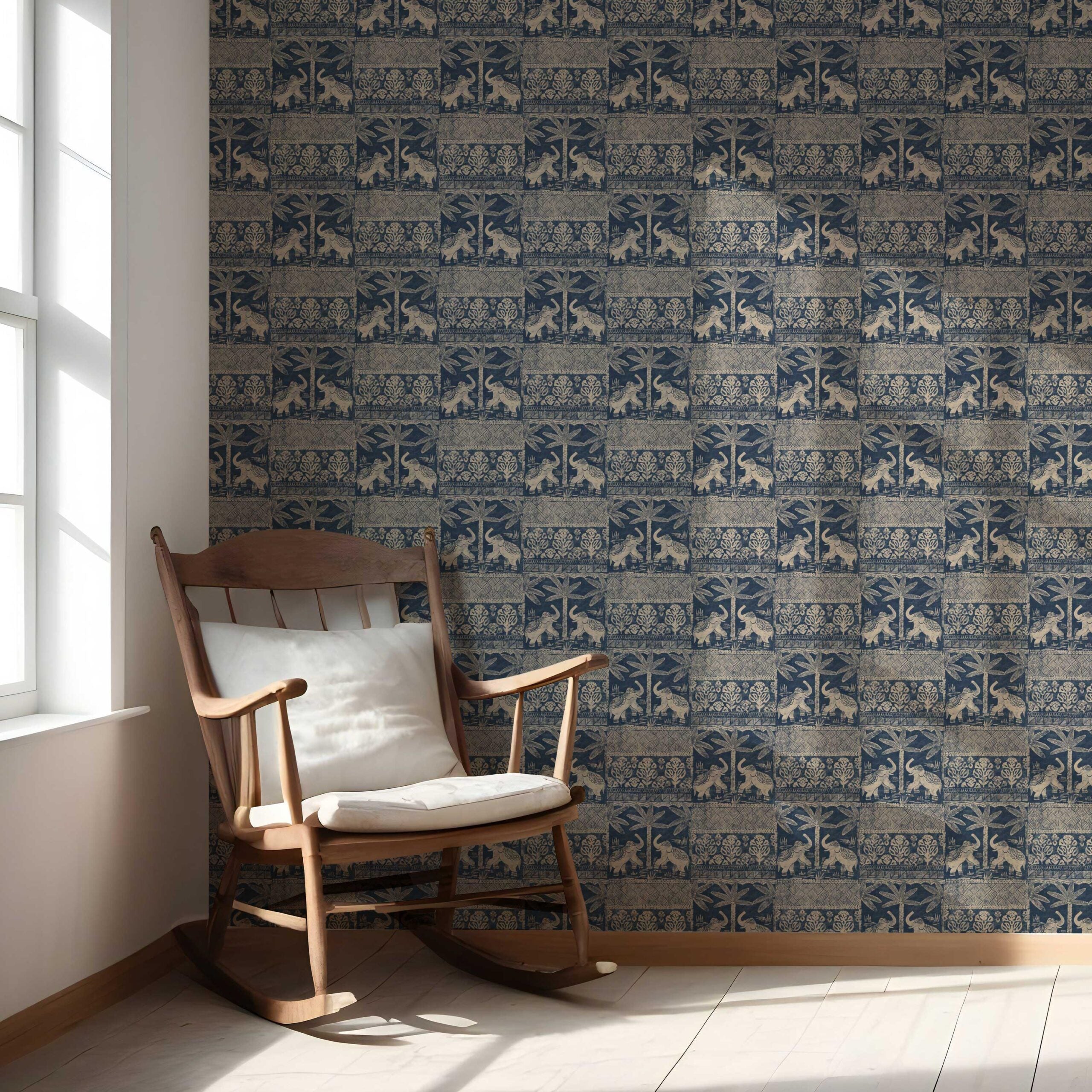 Ethnic/ Heritage Elephants & Animals Print Nursery Wallpaper Sample (Smoky Blue/ Beige)