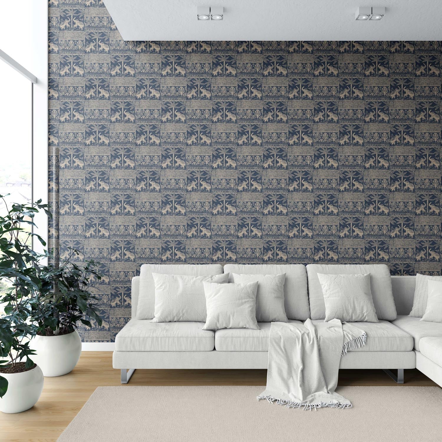 Ethnic/ Heritage Elephants & Animals Print Shower Toilet Wallpaper Sample (Smoky Blue/ Beige)