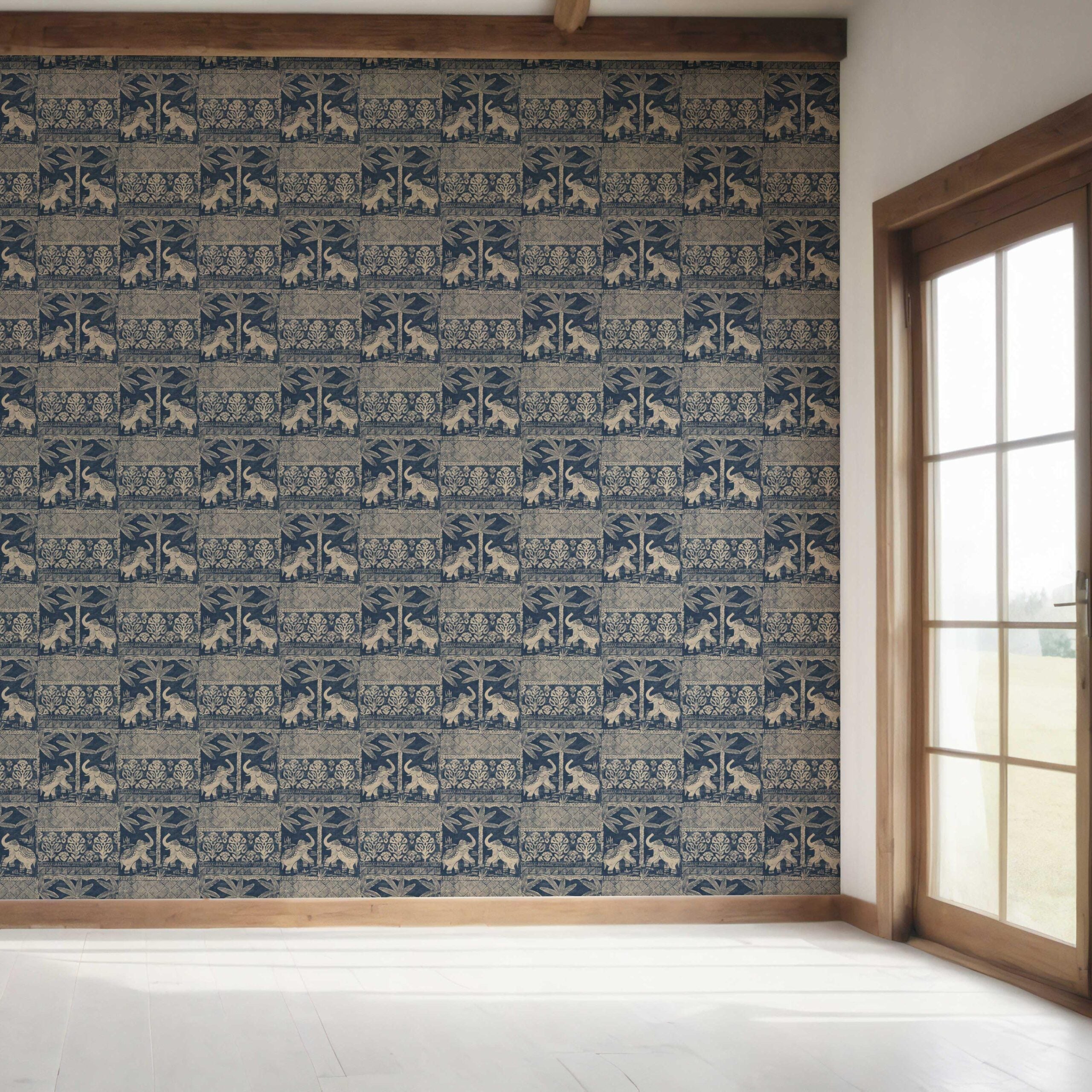 Ethnic/ Heritage Elephants & Animals Print Bedroom Wallpaper Sample (Smoky Blue/ Beige)