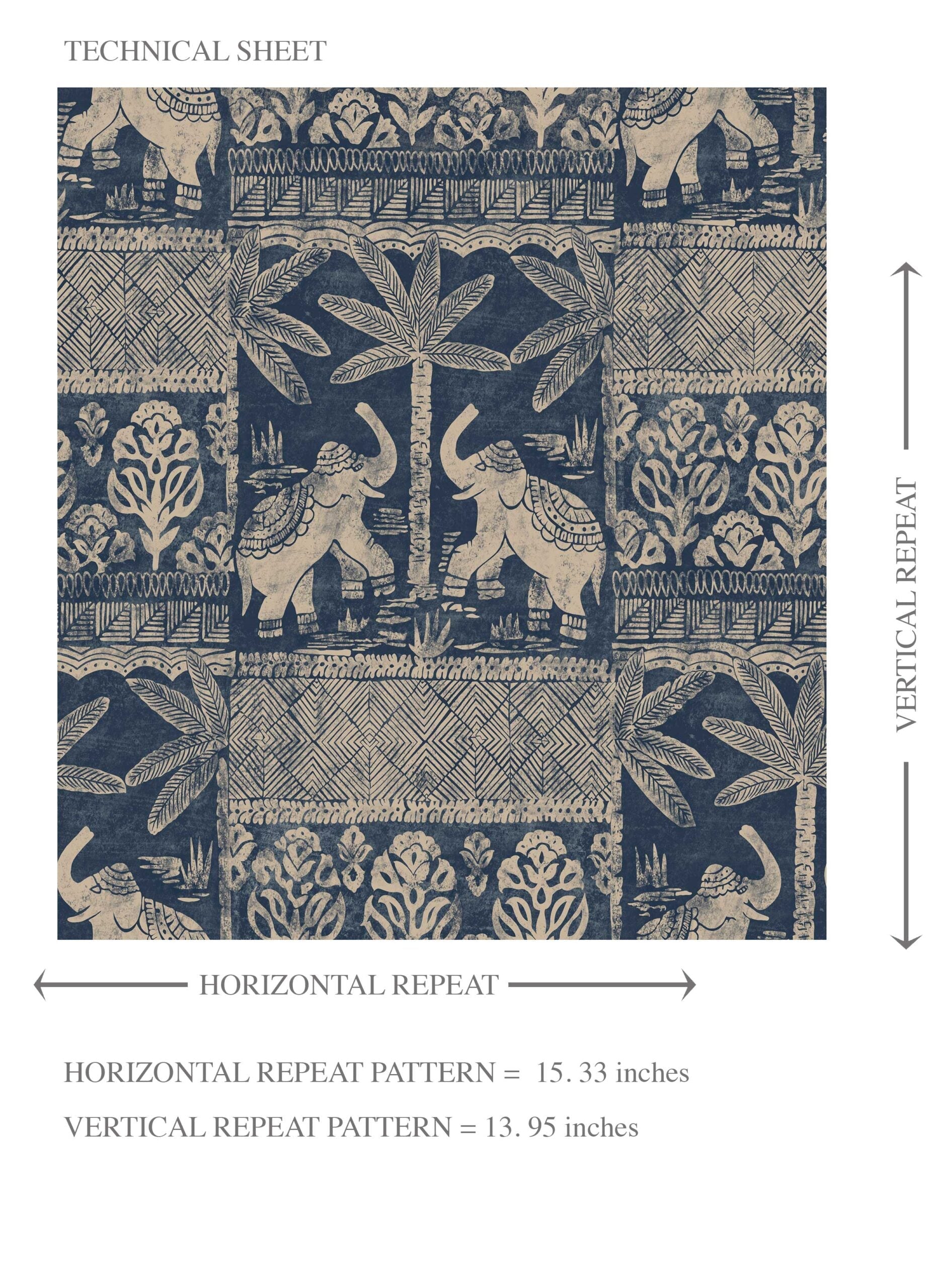 Ethnic/ Heritage Elephants & Animals Print Kids Room Wallpaper Sample (Smoky Blue/ Beige)