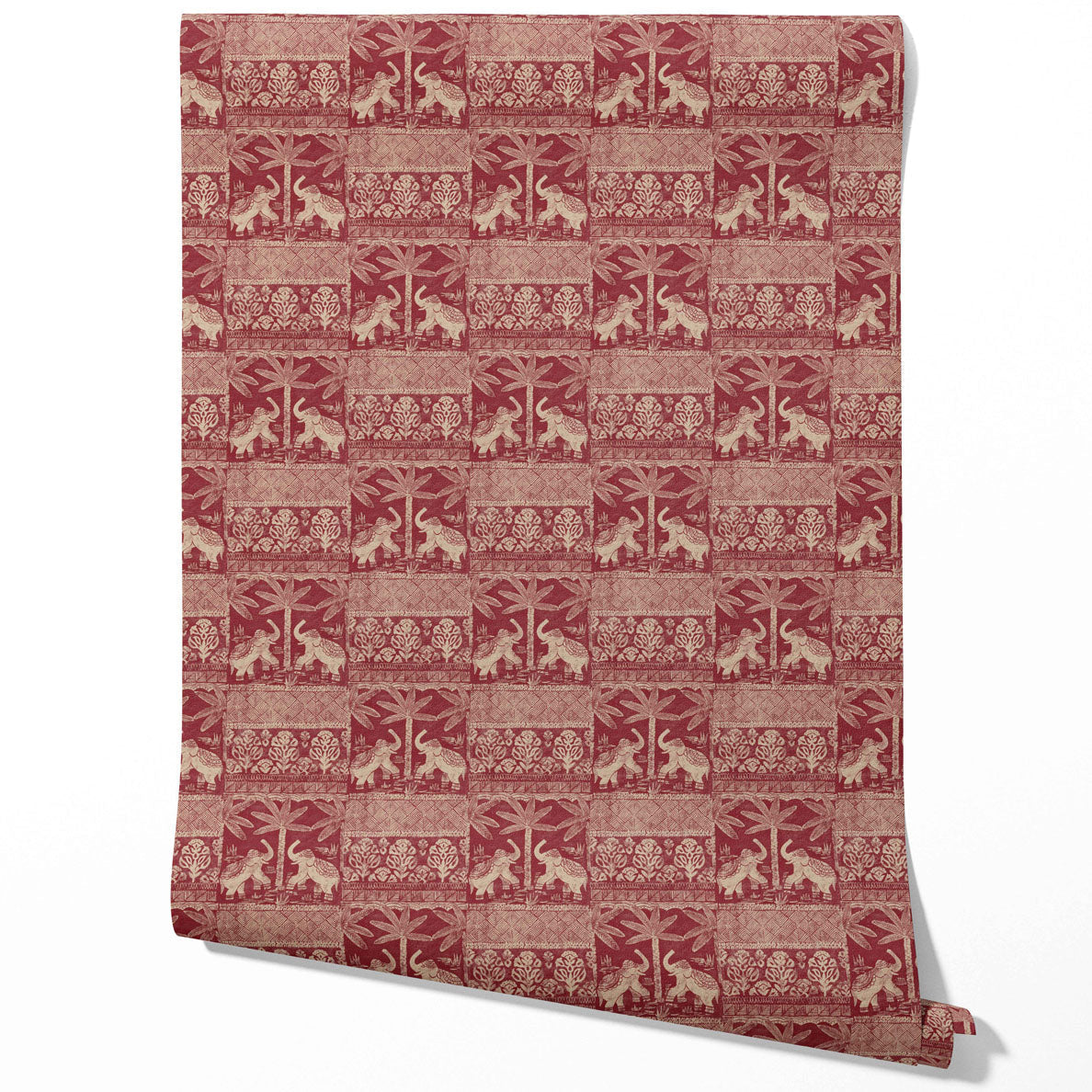 Ethnic/ Heritage Elephants & Animals Print Traditional Wallpaper Sample (Red/ Beige)
