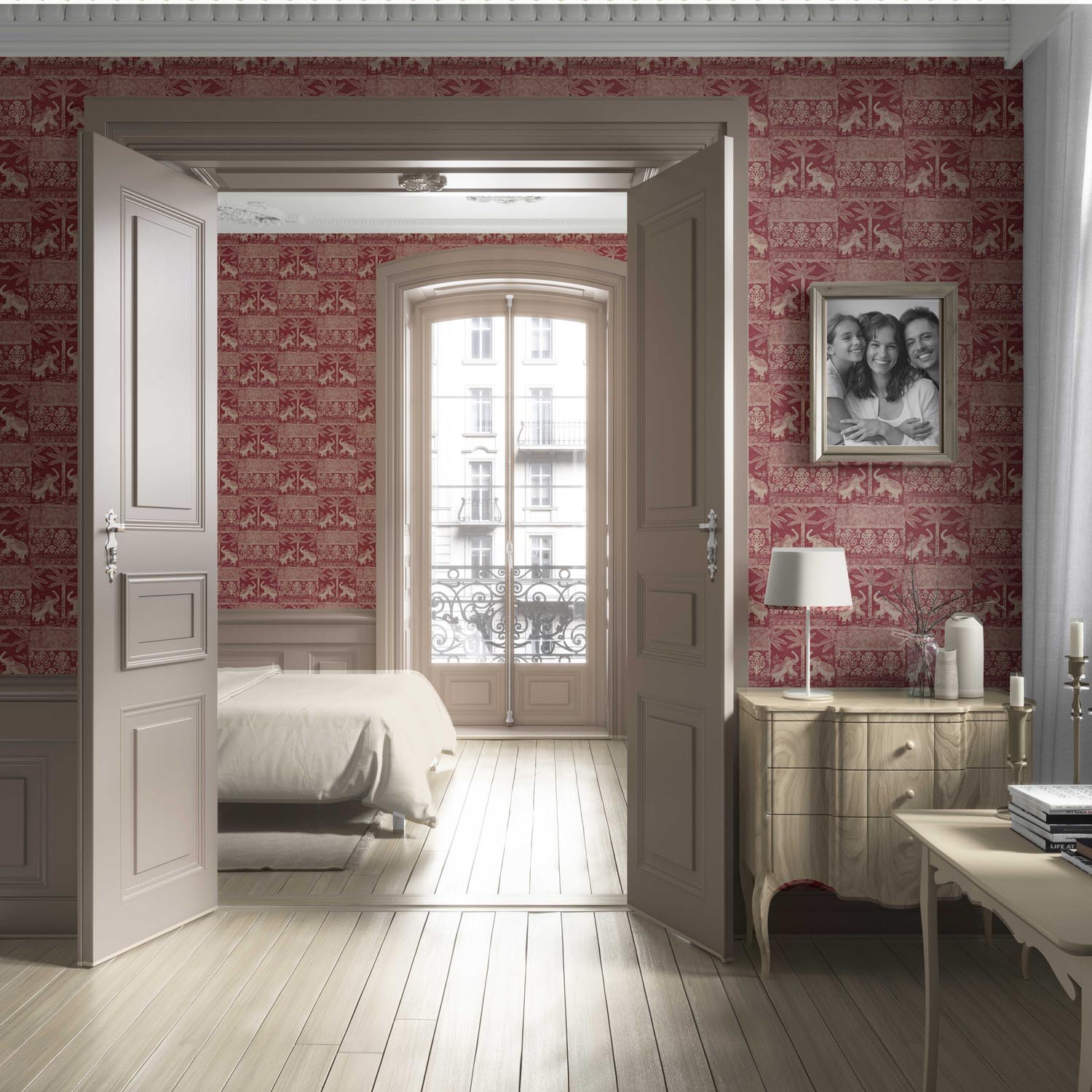 Ethnic/ Heritage Elephants & Animals Print Living Room Wallpaper Sample (Red/ Beige)