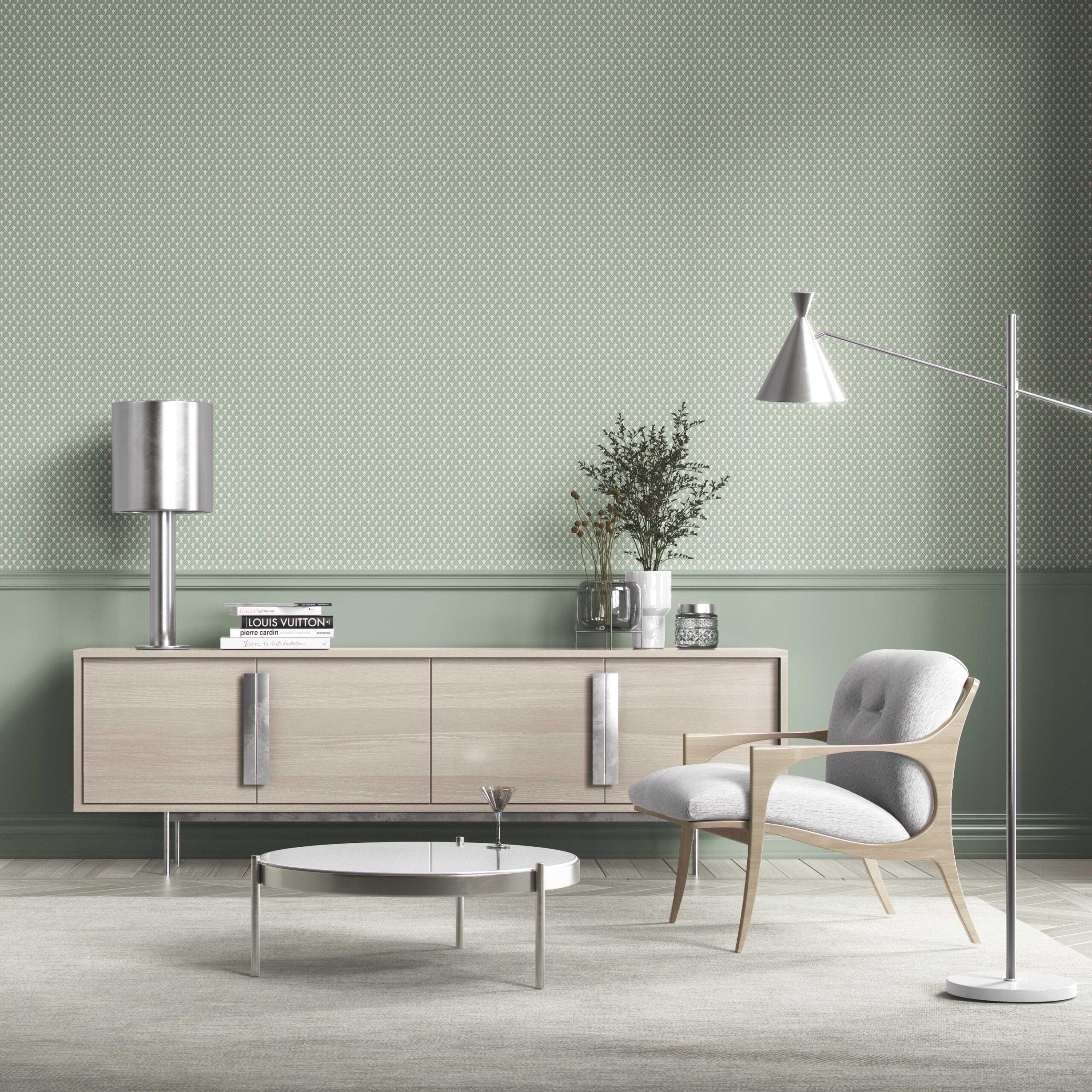 Small-Scale Geometric Print Bathroom Wallpaper (Sage Green/ White)