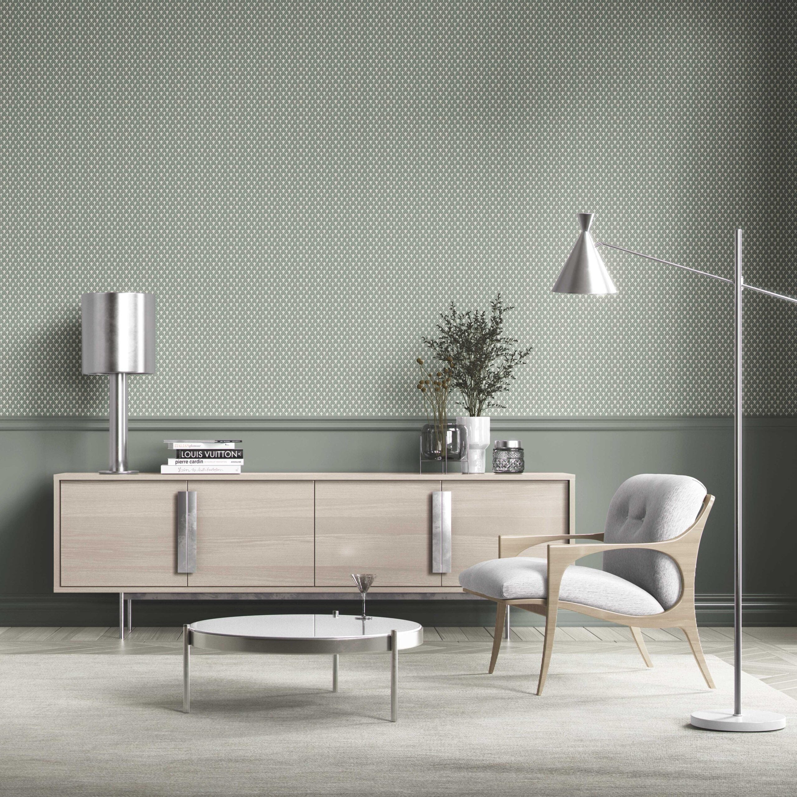 Neutral-Toned Small-Scale Geometric Print Bathroom Wallpaper Sample (Gray-Green/ White)