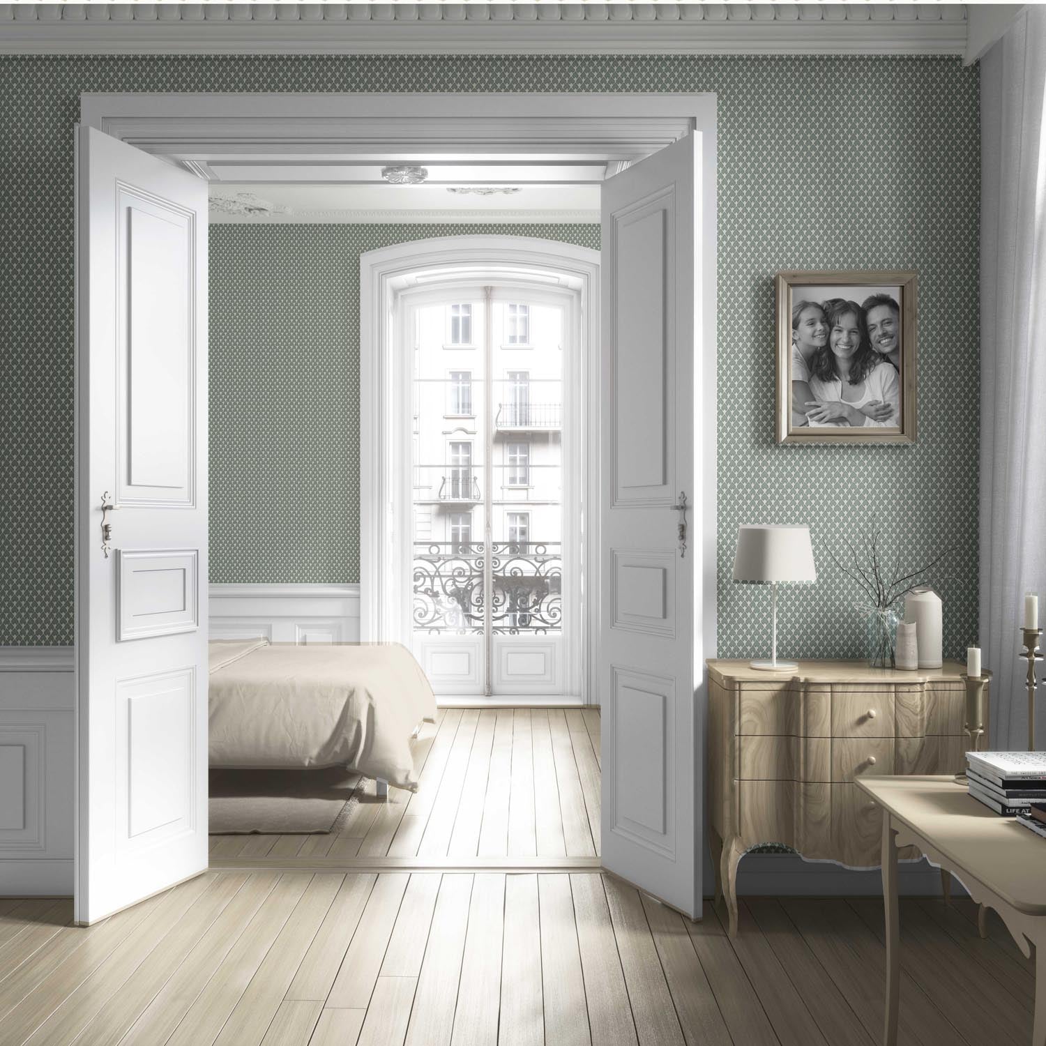 Neutral-Toned Small-Scale Geometric Print Living Room Wallpaper Sample (Gray-Green/ White)