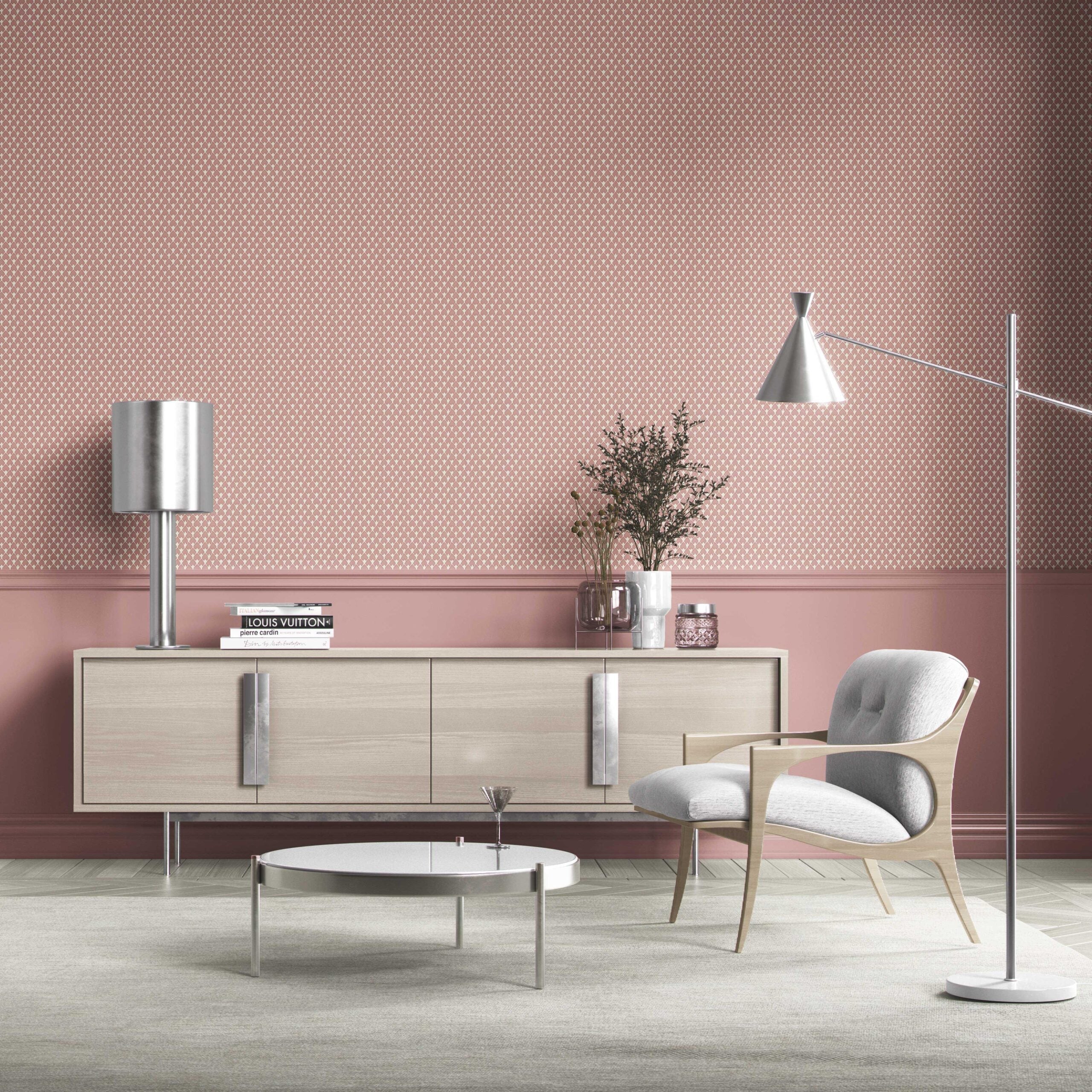 Small-Scale Geometric Print Bathroom Wallpaper Sample (Blush Pink/ White)