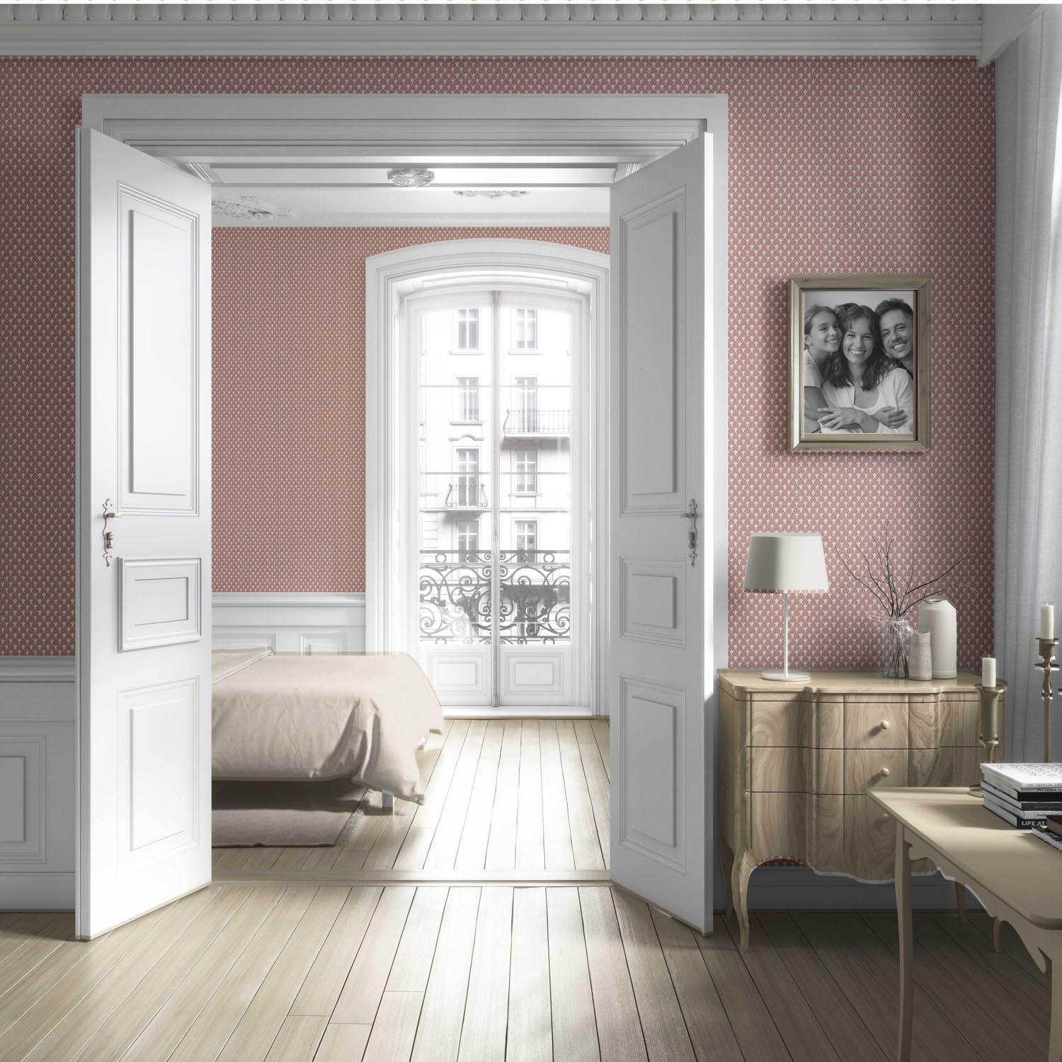 Small-Scale Geometric Print Living Room Wallpaper Sample (Blush Pink/ White)
