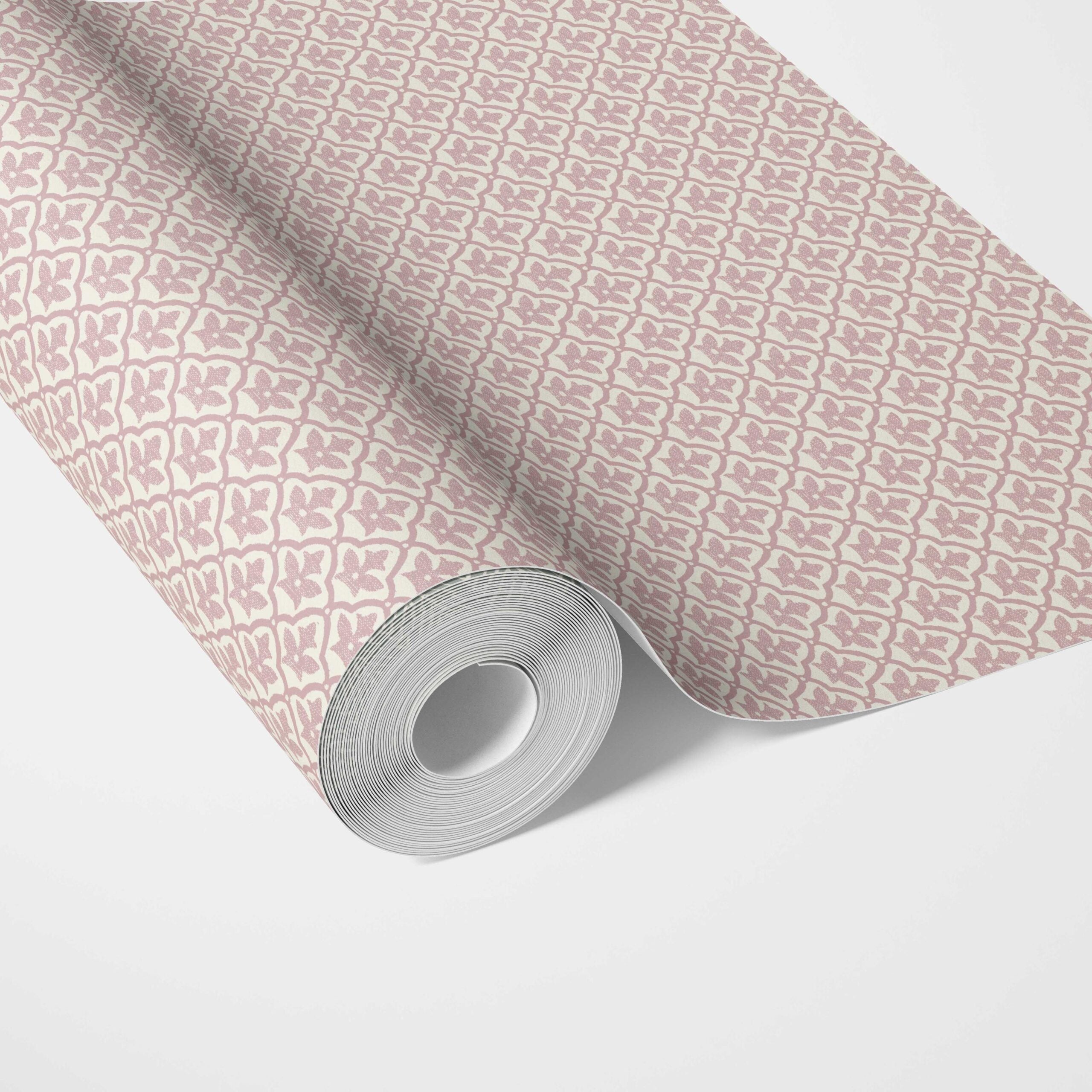 Small-Scale Floral Lattice Traditional Wallpaper Sample (Soft Pink/ White)