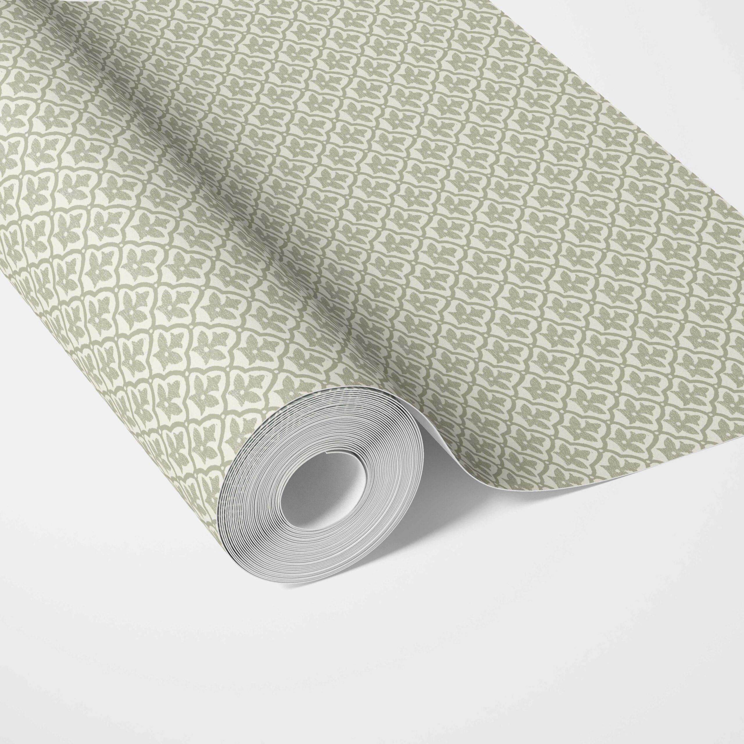Small-Scale Floral Lattice Traditional Wallpaper Sample (Green/ White)