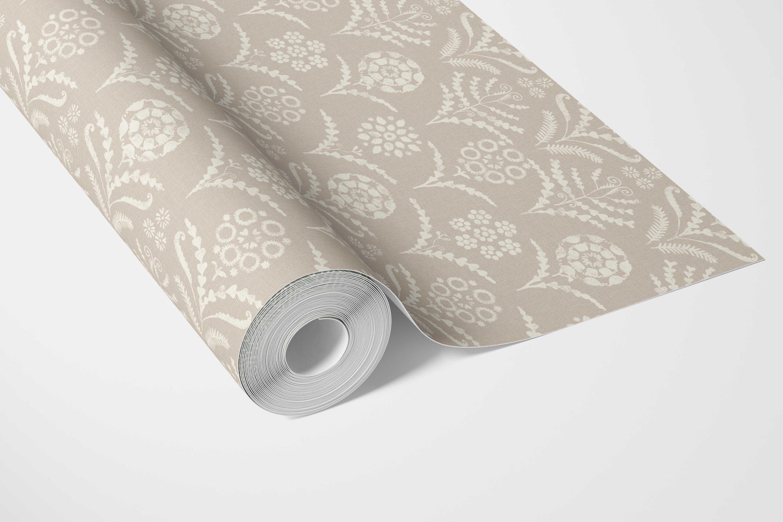 Modern Neural-Toned Floral/ Botanical Bathroom Wallpaper Sample (Beige/ White)