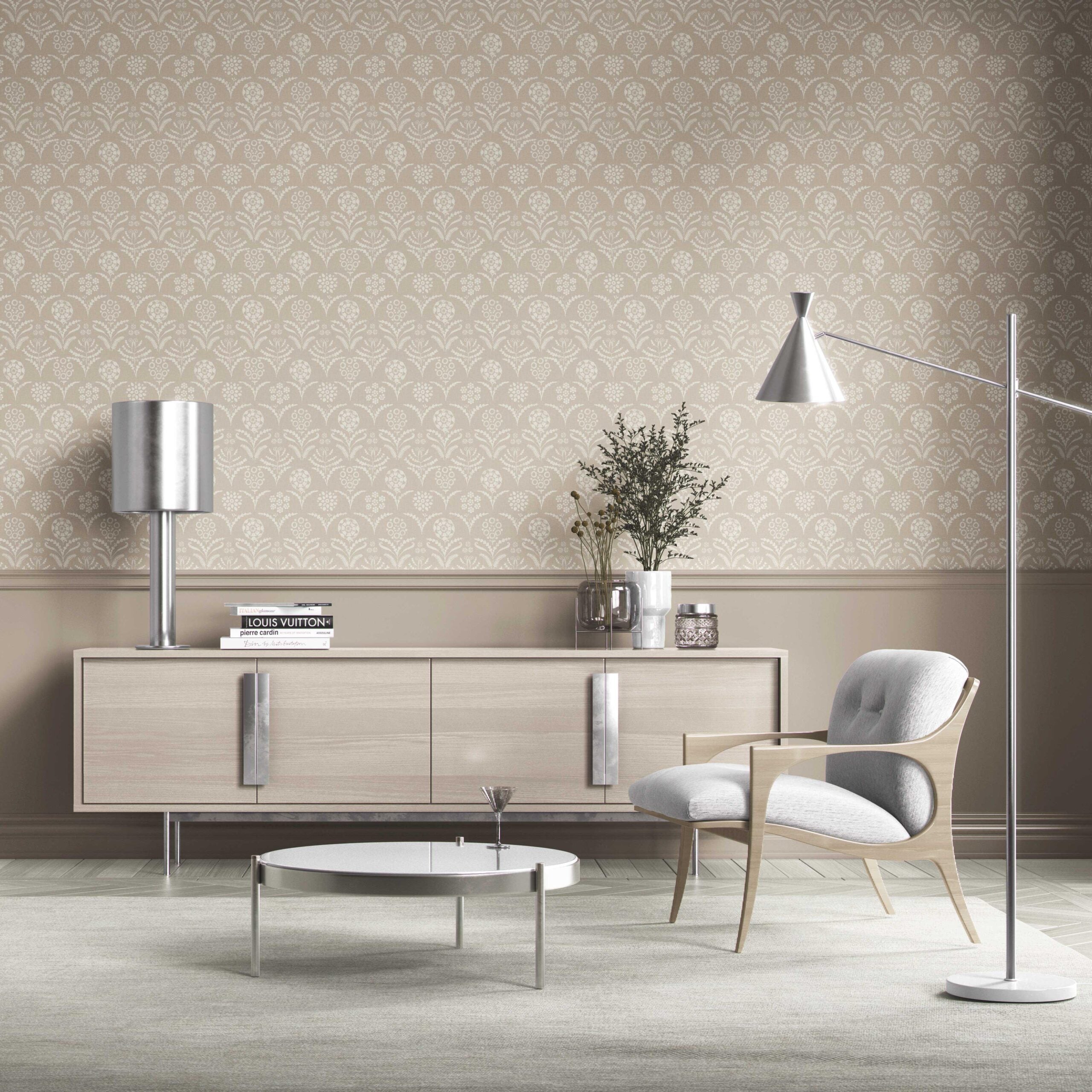Modern Neural-Toned Floral/ Botanical Nursery Wallpaper Sample (Beige/ White)